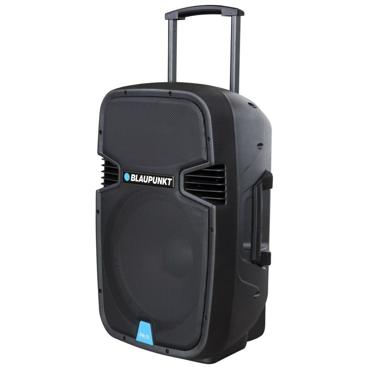 Altoparlante nero Blaupunkt PA15. Pannello frontale in rete nera, maniglia e maniglia laterale. Accento blu in basso.