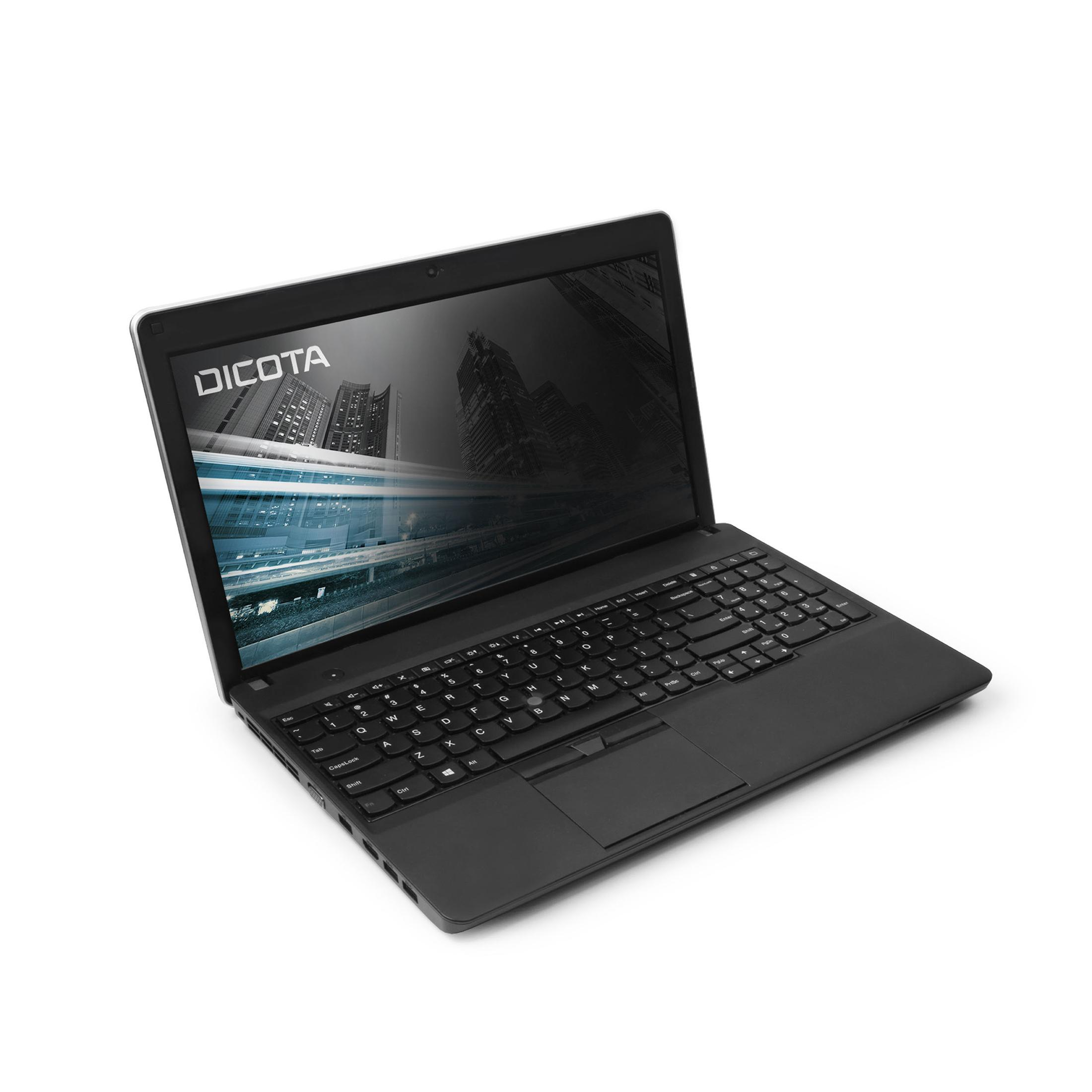 Schwarzer Laptop mit offenem Deckel, zeigt Skyline auf dem Bildschirm.