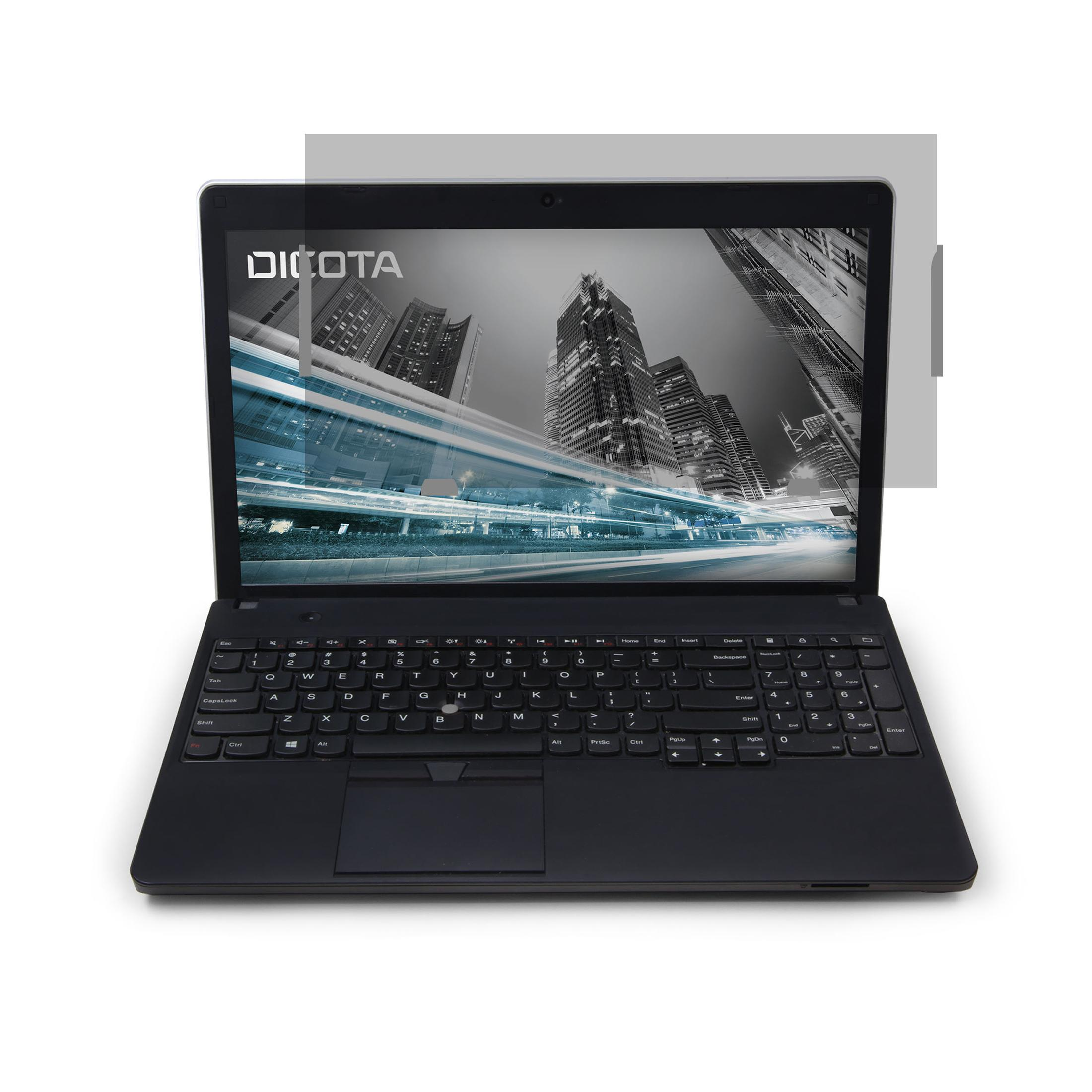 Schwarzer Laptop offen, zeigt Bildschirm mit Skyline. Weißer Hintergrund, Dicota Logo auf dem Bildschirm.