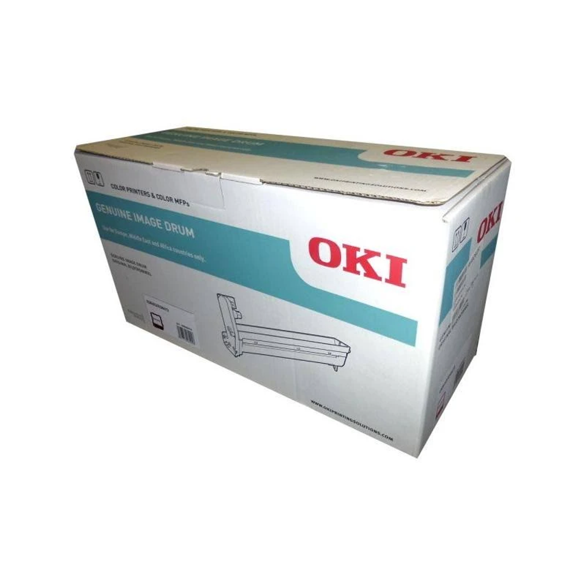 "OKI" etiketli beyaz kutu ve bir yazıcı bileşeninin diyagramı.