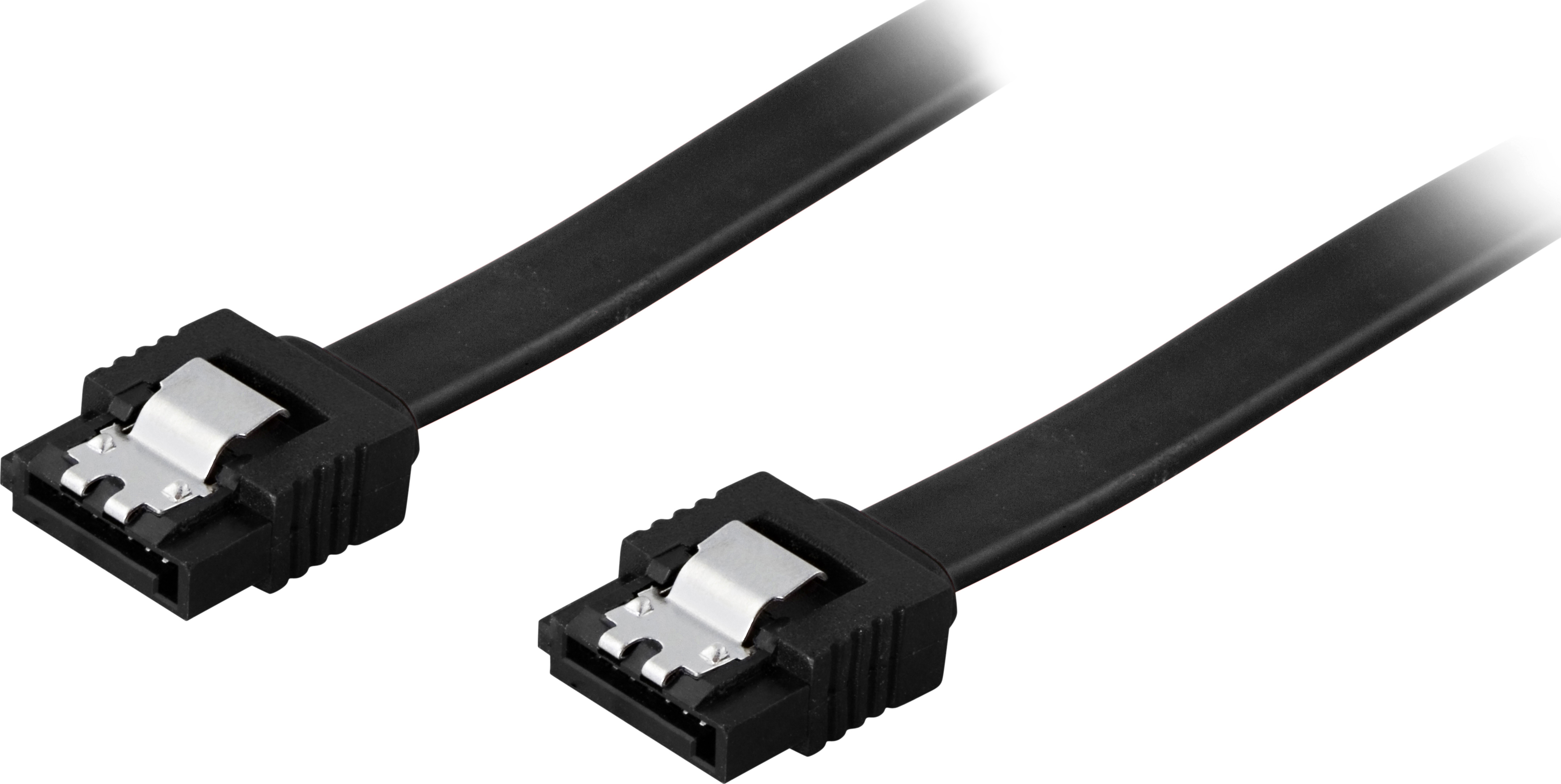 Zwarte SATA-datakabel, met connectoren aan beide uiteinden.