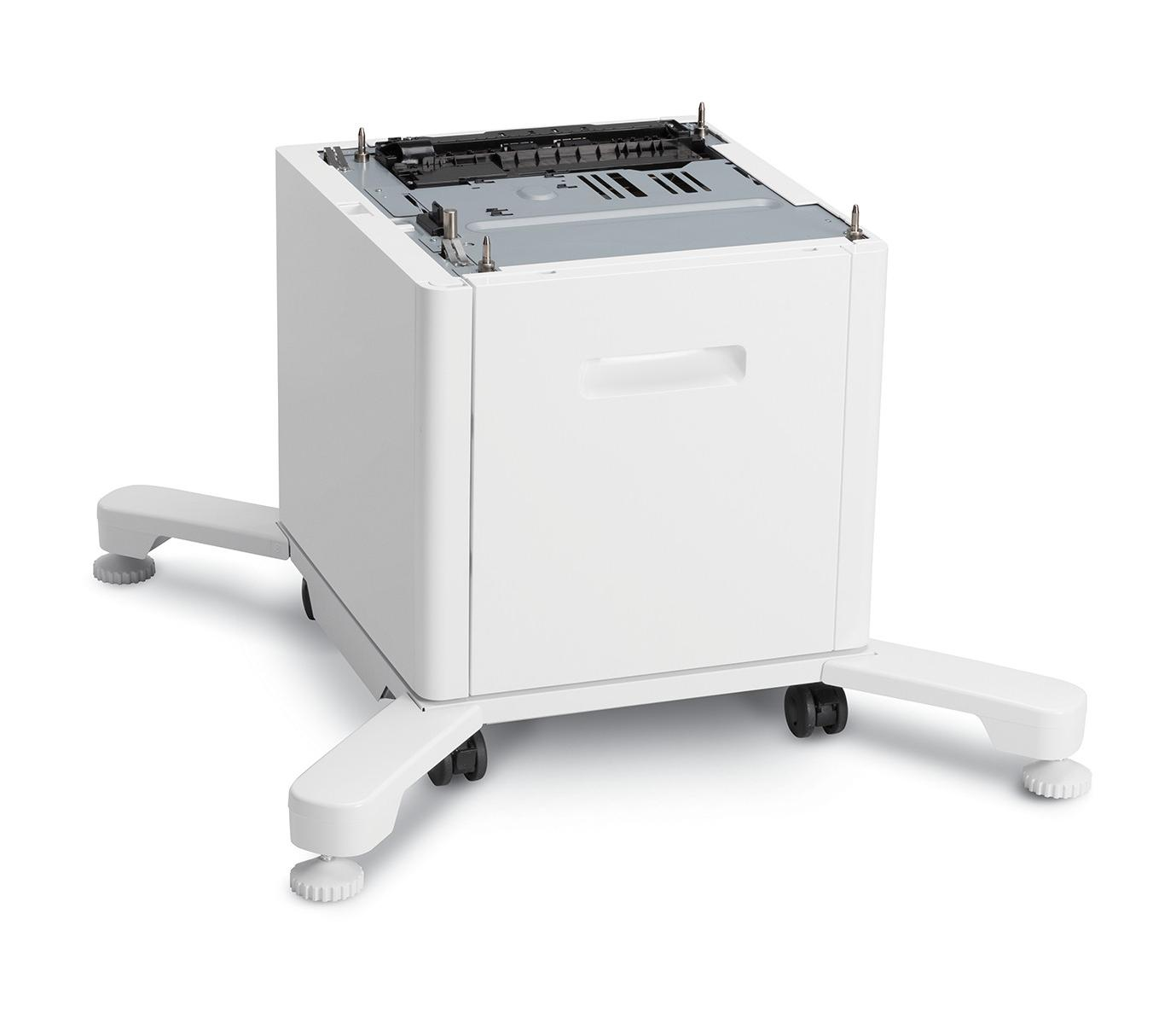 Biała podstawa drukarki na kółkach z uchwytem i nogami.