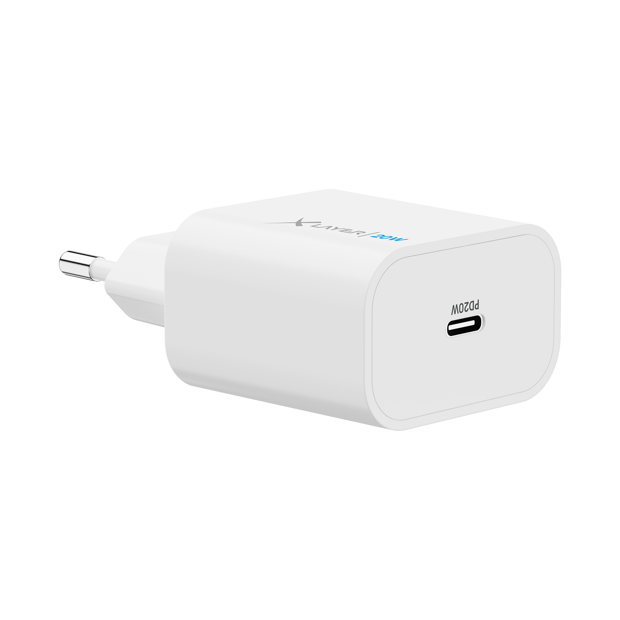 Weißes Ladegerät mit USB-C-Anschluss, beschriftet mit PD20W.