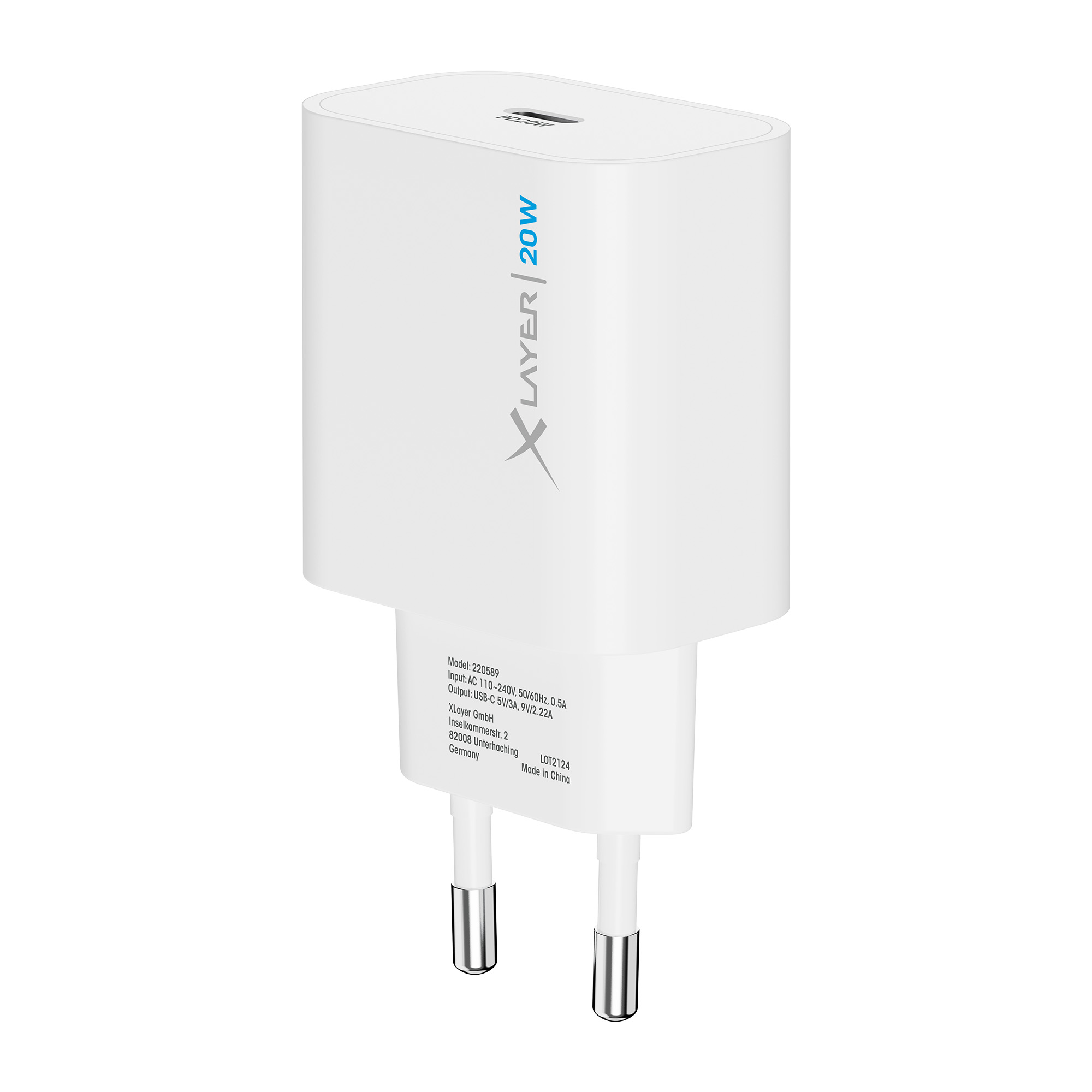 Ein weißes 20W USB-Ladegerät mit zwei Stiften.