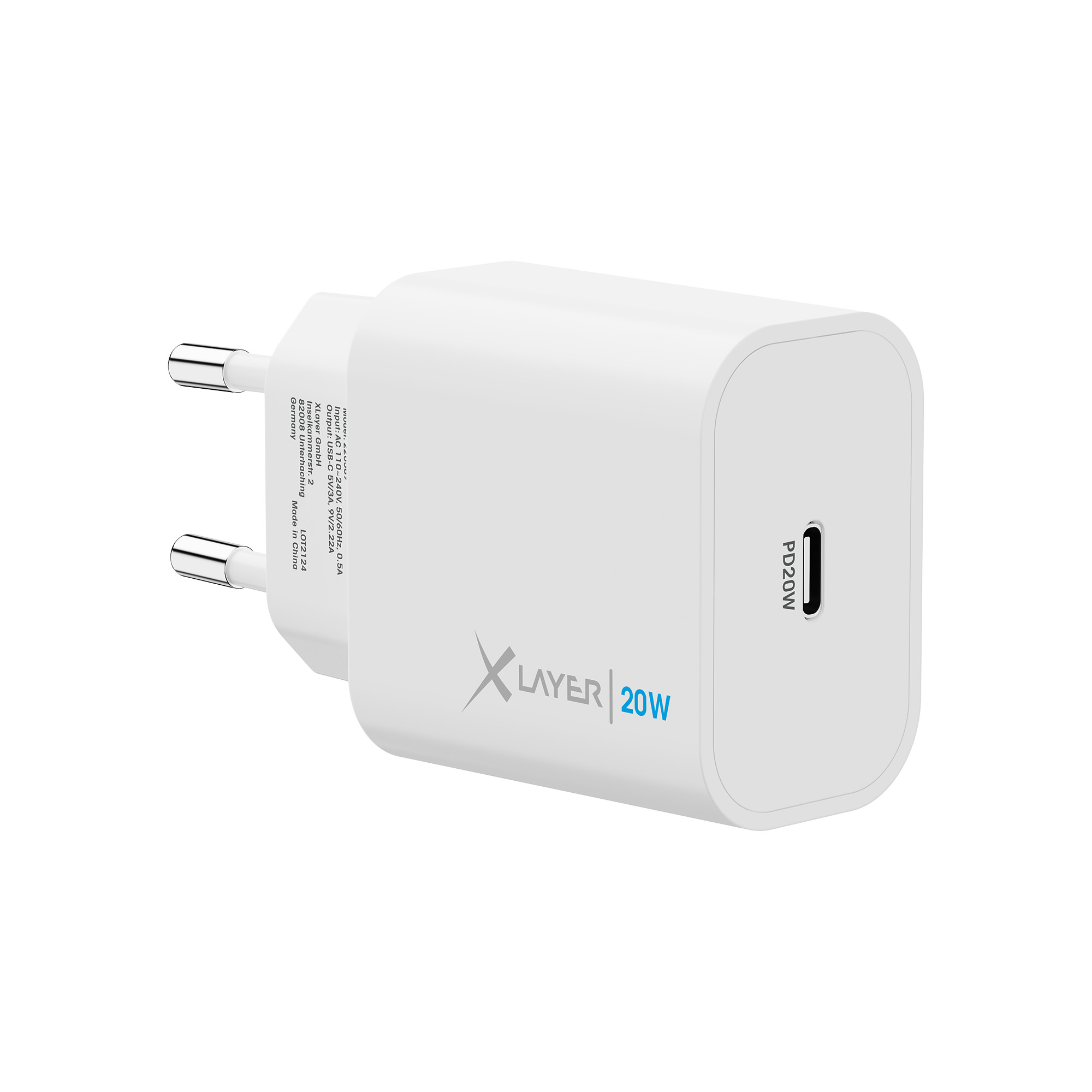 Ein weißes 20W-Ladegerät mit zwei Stiften und einem USB-C-Anschluss.