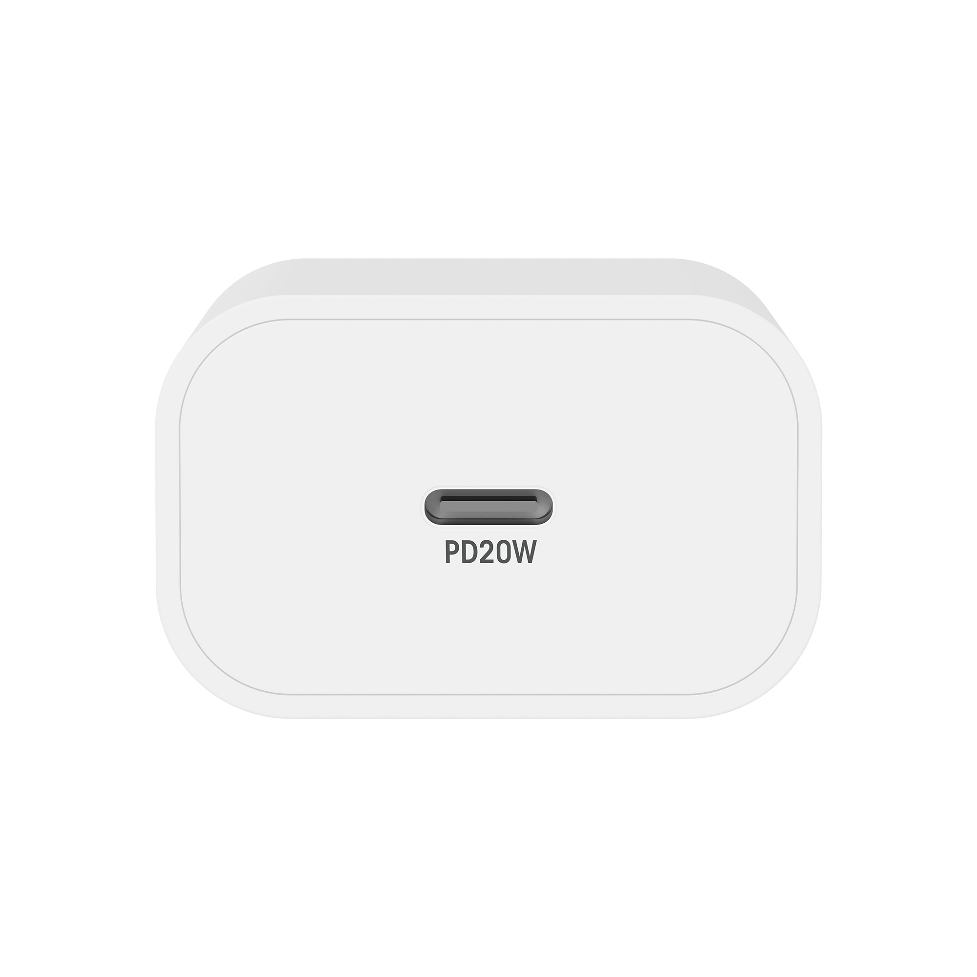 Weißes Netzteil mit USB-C-Anschluss, vorne mit PD20W beschriftet.