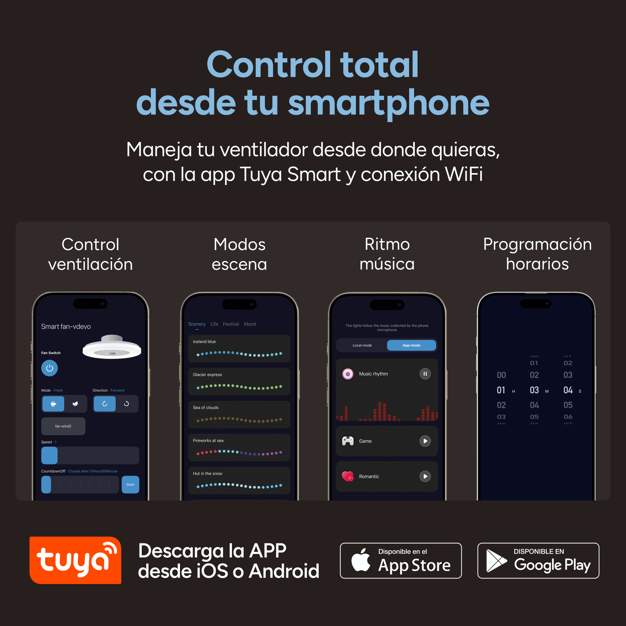 Una imagen promocional de un smartphone mostrando las funciones de la app para controlar un ventilador.