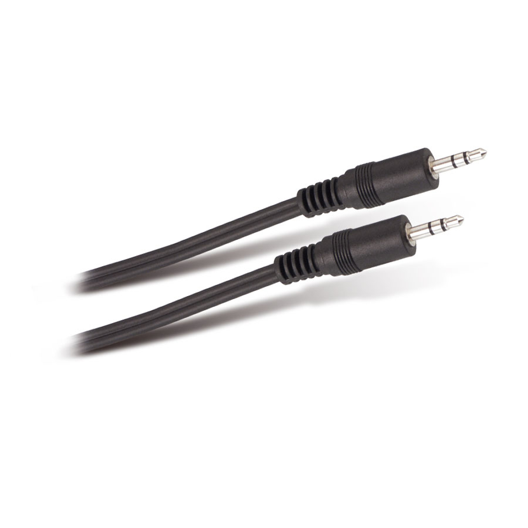 Due cavi audio neri con jack maschio da 3,5 mm su entrambe le estremità, su sfondo bianco.