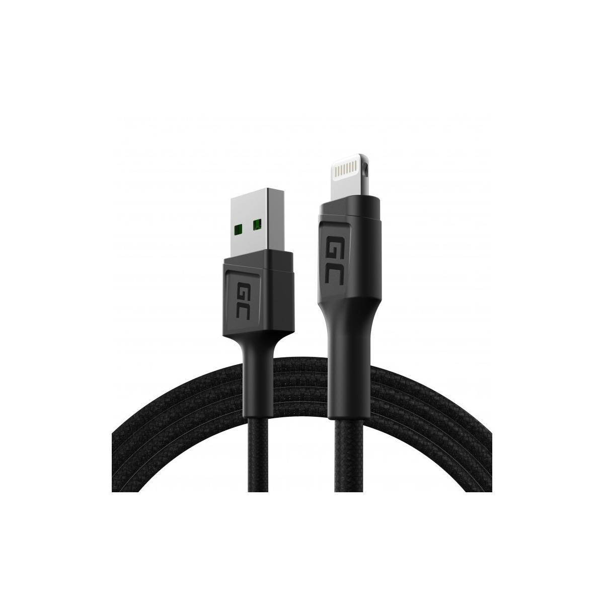 Cavo nero da USB a Lightning, con connettore verde visibile.