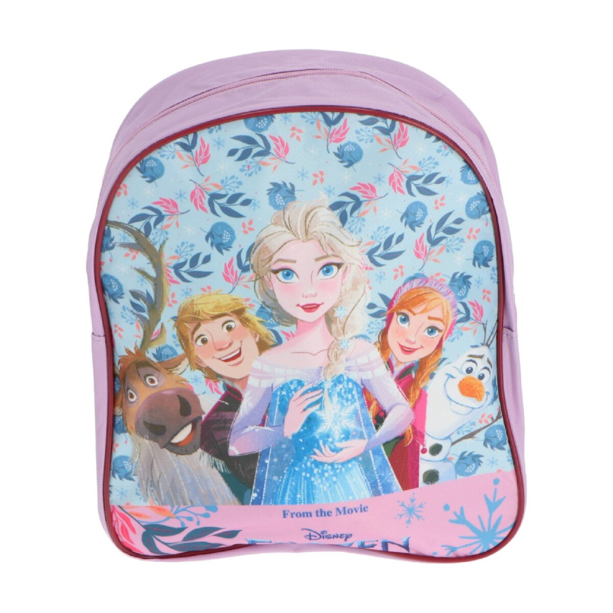 Lilafarbener Rucksack mit Frozen-Figuren. Vorderansicht mit Elsa, Anna, Olaf und Kristoff.