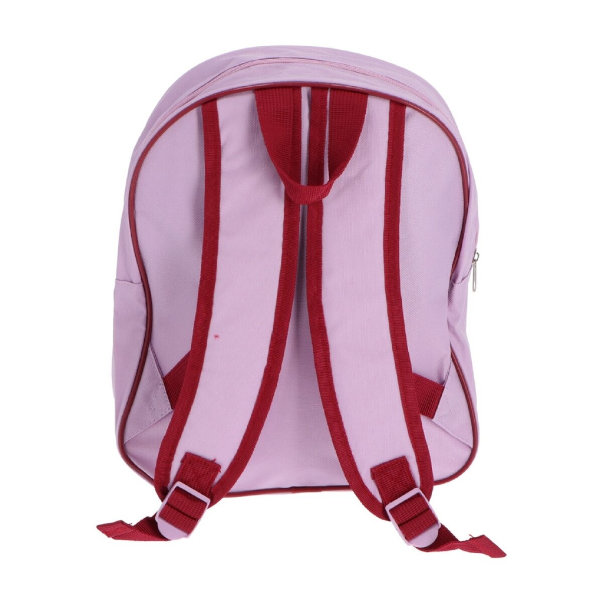 Lilafarbener Rucksack, Rückansicht. Rote Träger und rote Akzente.