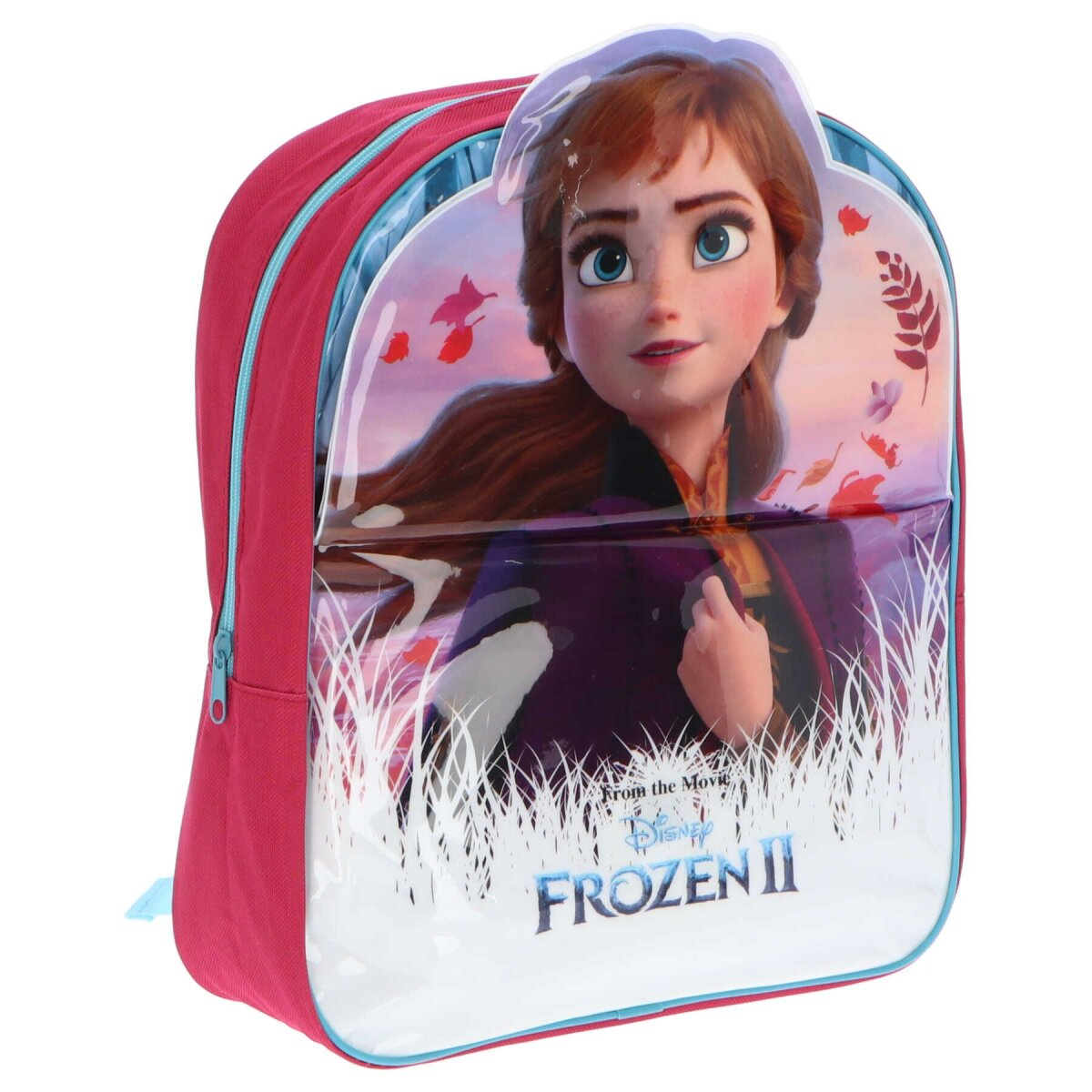 Roter Rucksack mit Frozen II-Figur Anna. Transparente Frontklappe offen.