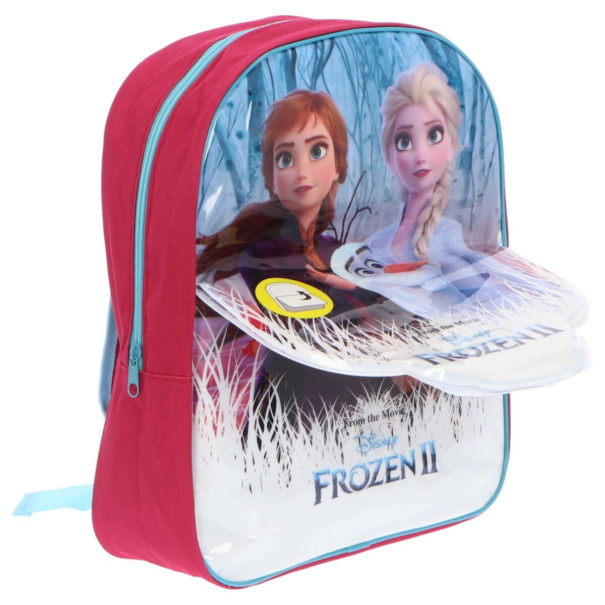 Roter Rucksack mit Frozen II-Figuren. Transparente Frontklappe offen, Anna und Elsa zeigend.