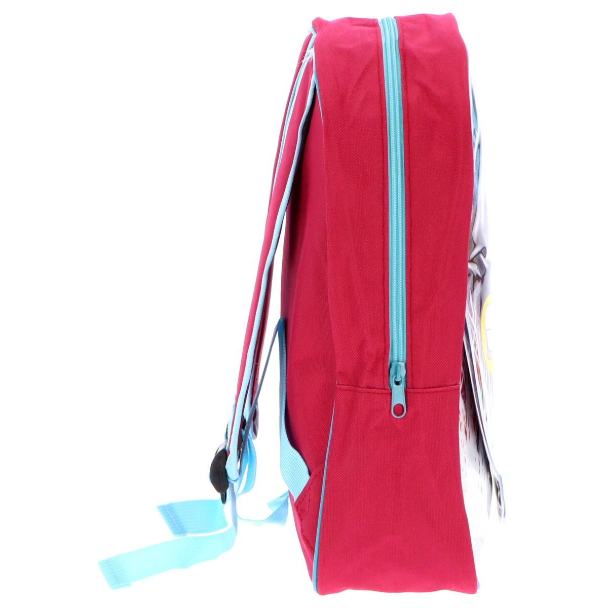 Roter Rucksack mit Frozen II-Motiv, Seitenansicht, blauer Reißverschluss und Träger.