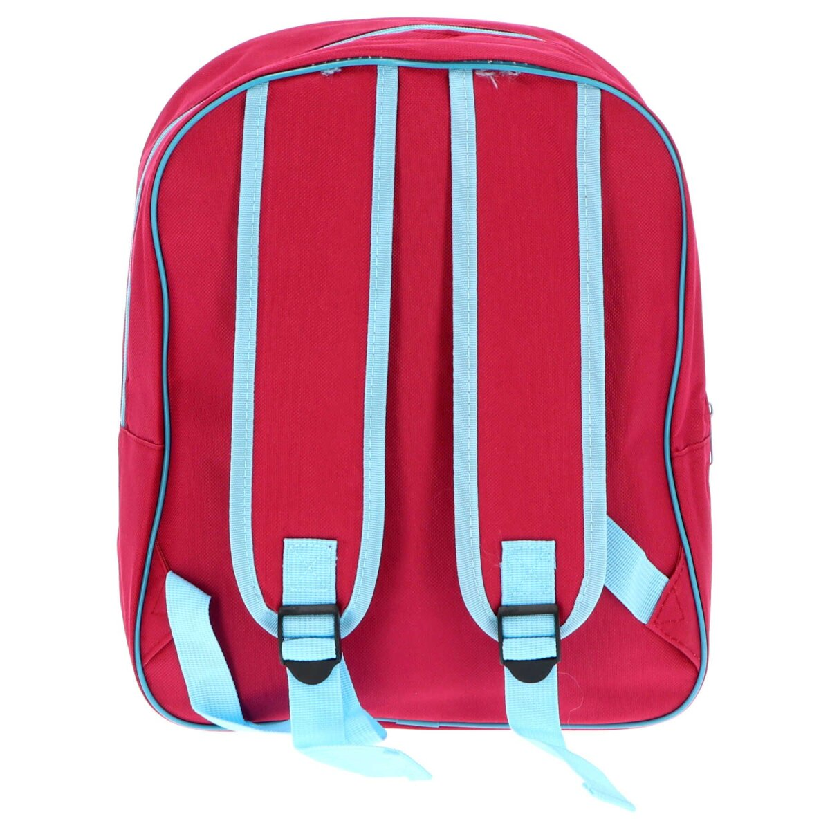 Rucksack, rot mit hellblauen Trägern und Zierleisten. Zwei schwarze Schnallen unten für die Schultergurte.