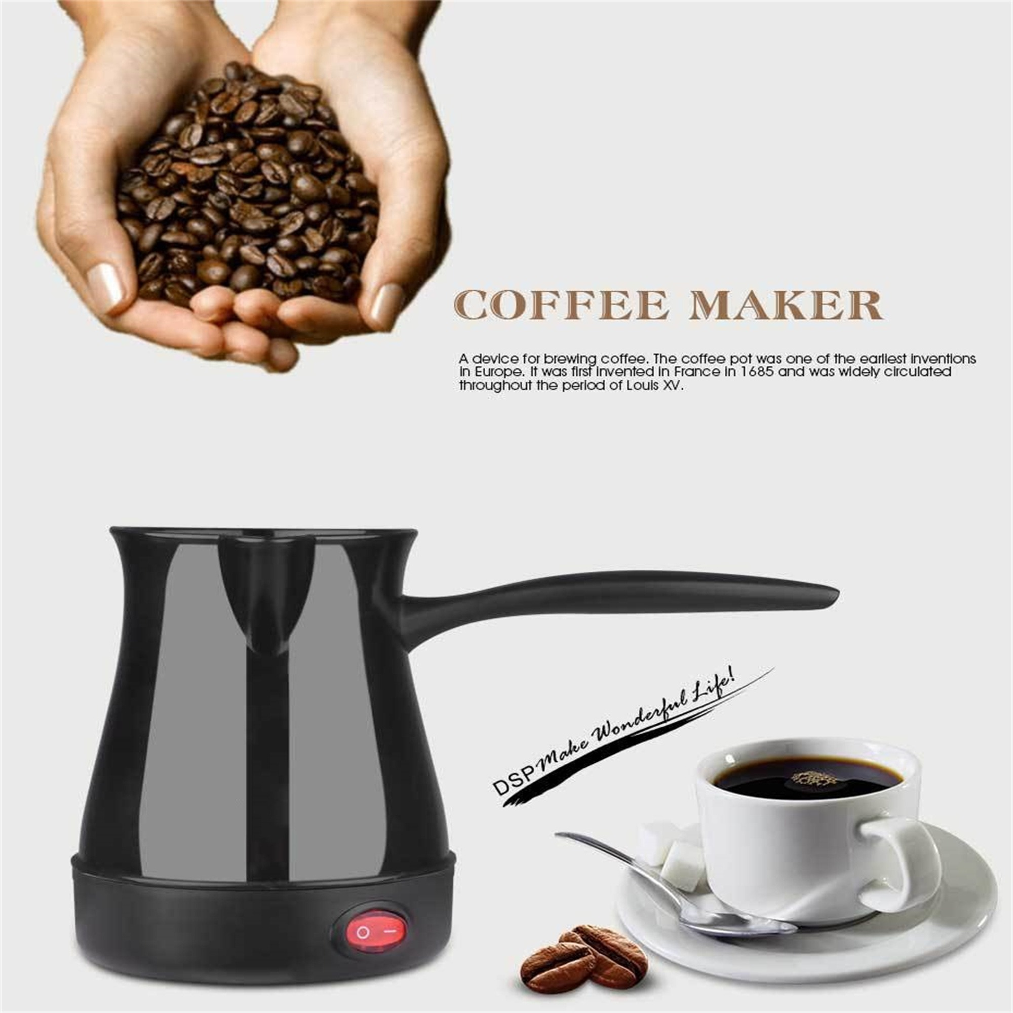 Kaffeemaschine mit Kaffeebohnen und einer Tasse Kaffee. Der Text lautet: Kaffeemaschine, und ein Text über die Erfindung.