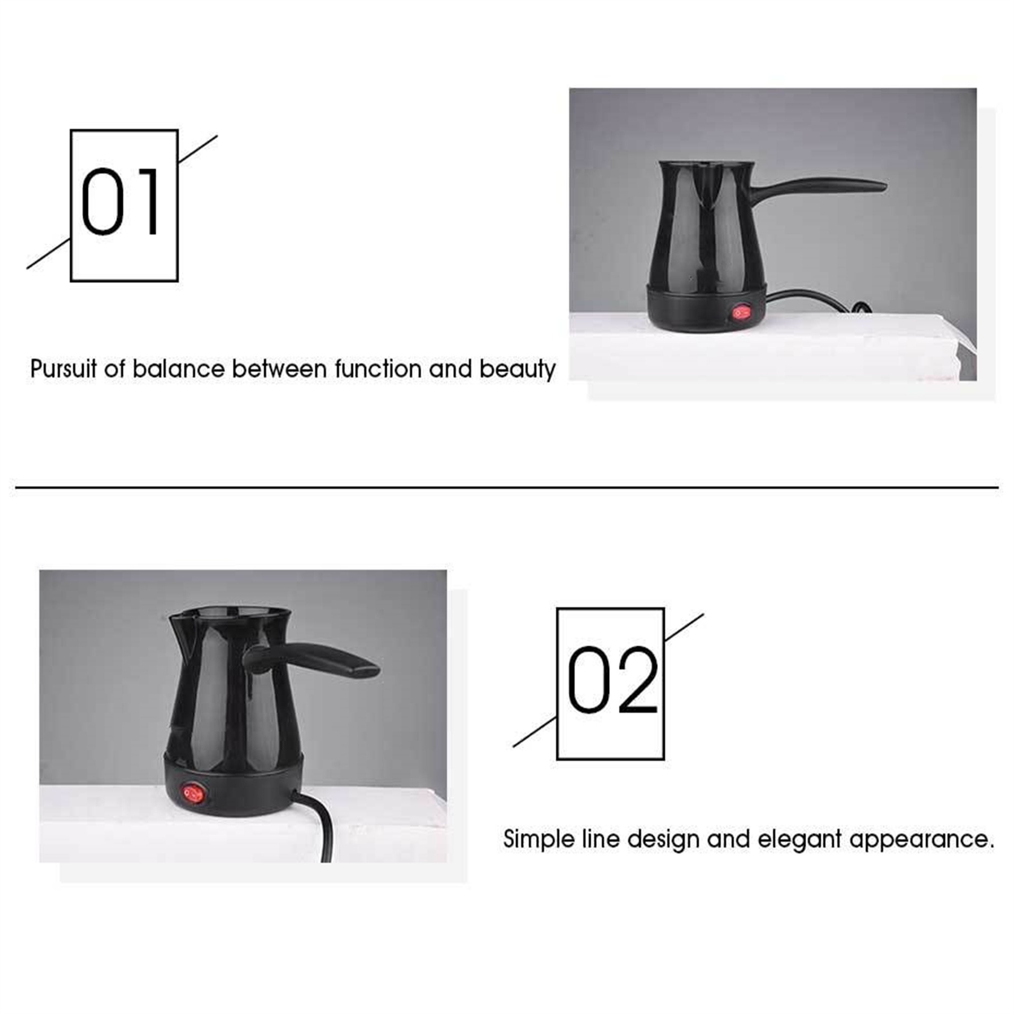 Schwarze elektrische Kaffeekanne, zwei Bilder mit Text. Eines: Streben nach Ausgewogenheit. Das andere: Einfaches Design.