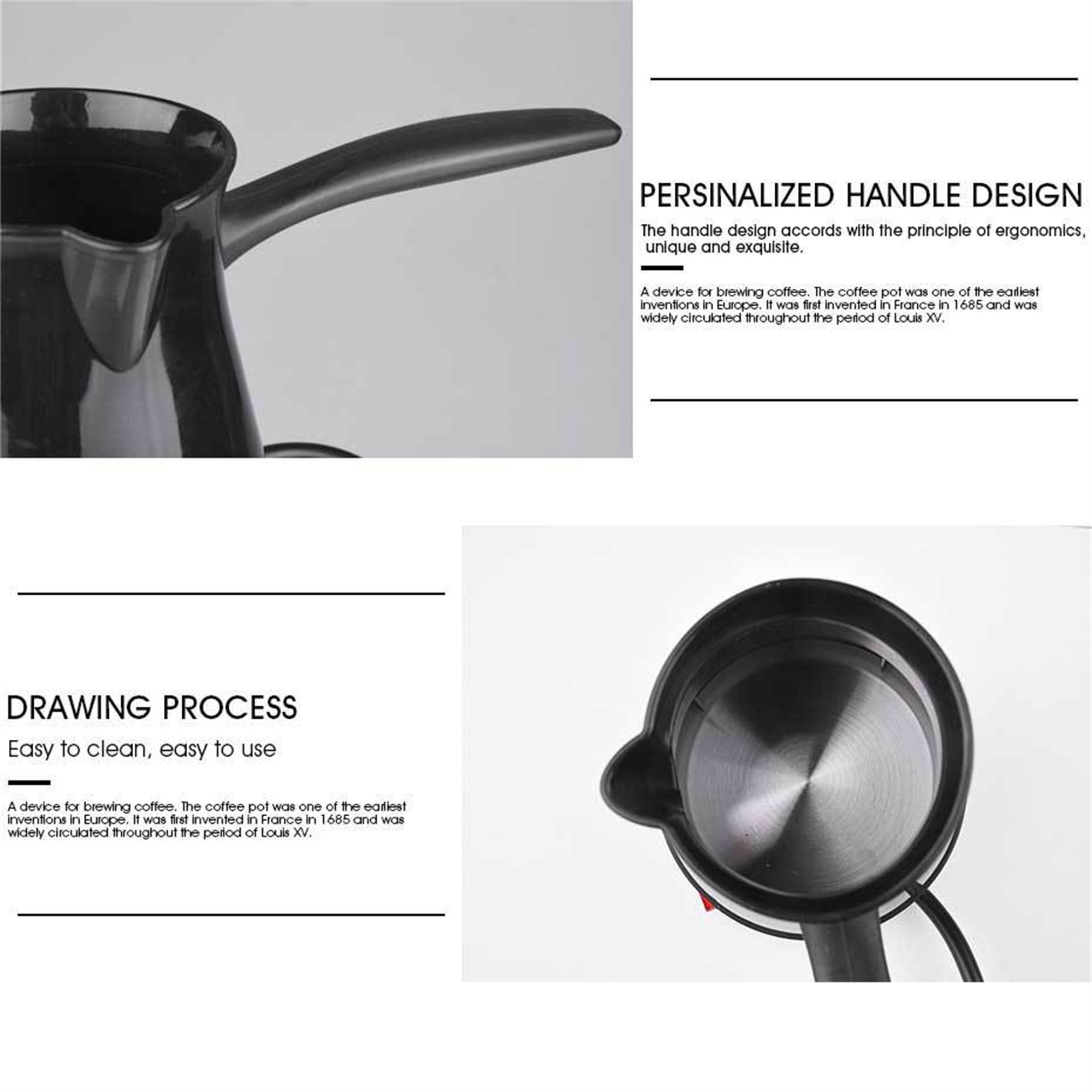 Details der schwarzen Kaffeekanne. Griffdesign, Zeichenprozess und Teile der Kanne werden gezeigt. Textbeschreibungen.
