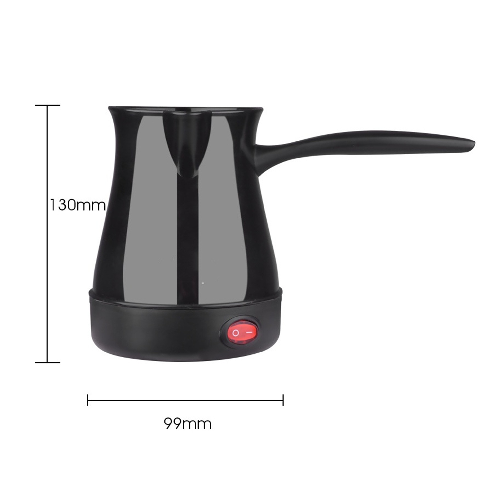 Schwarze elektrische Kaffeekanne mit Maßen (130 mm Höhe, 99 mm Breite). Roter Power-Knopf.