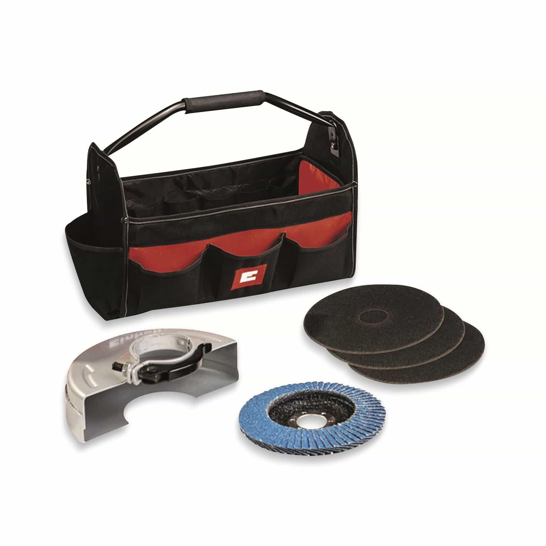 Czarna torba na narzędzia z czerwonym wnętrzem i akcesoriami do szlifowania. Zawiera osłonę, tarcze i tarczę listkową.