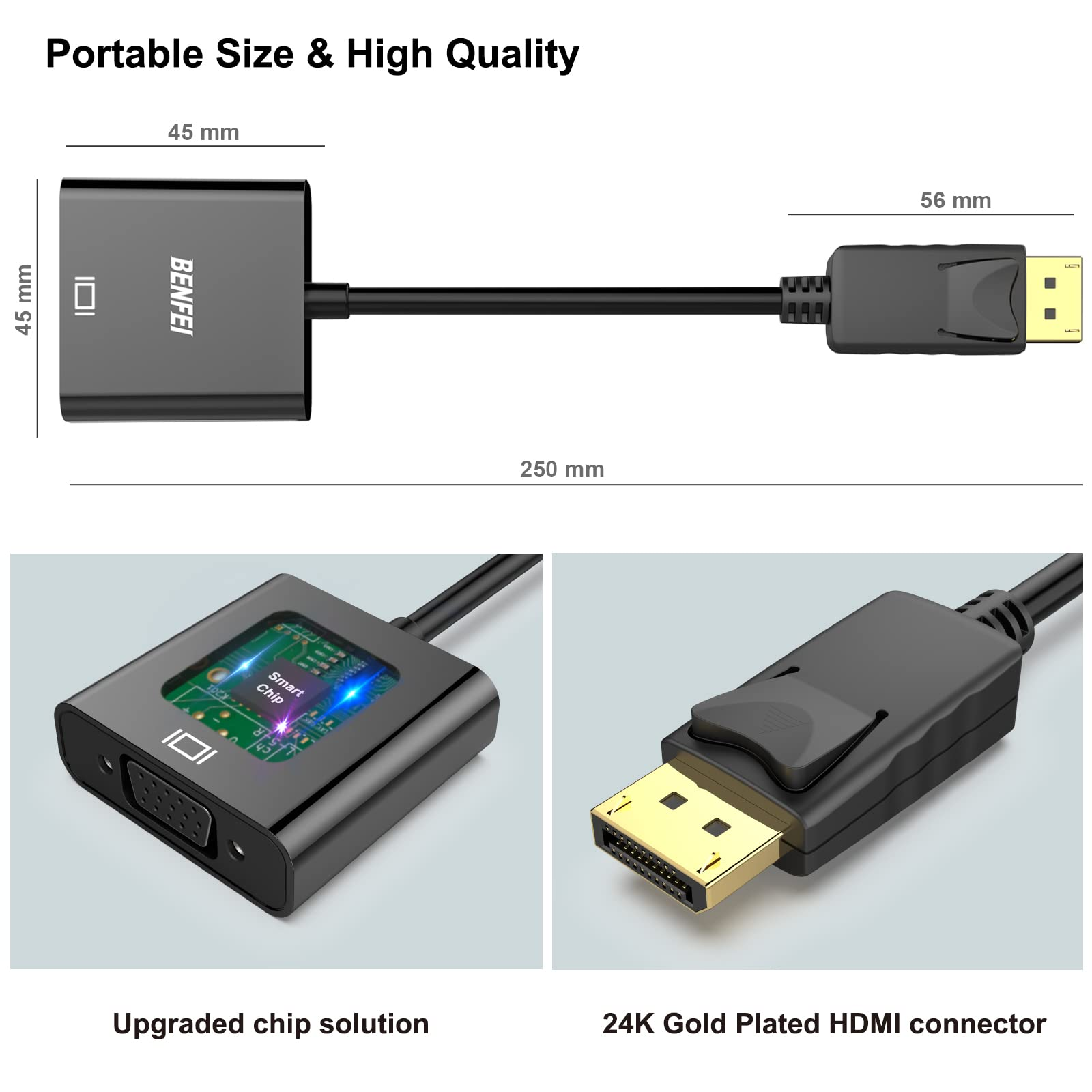 Schwarzer Adapter mit DisplayPort und HDMI-Anschluss. Er hat die Abmessungen 45x45x250mm.
