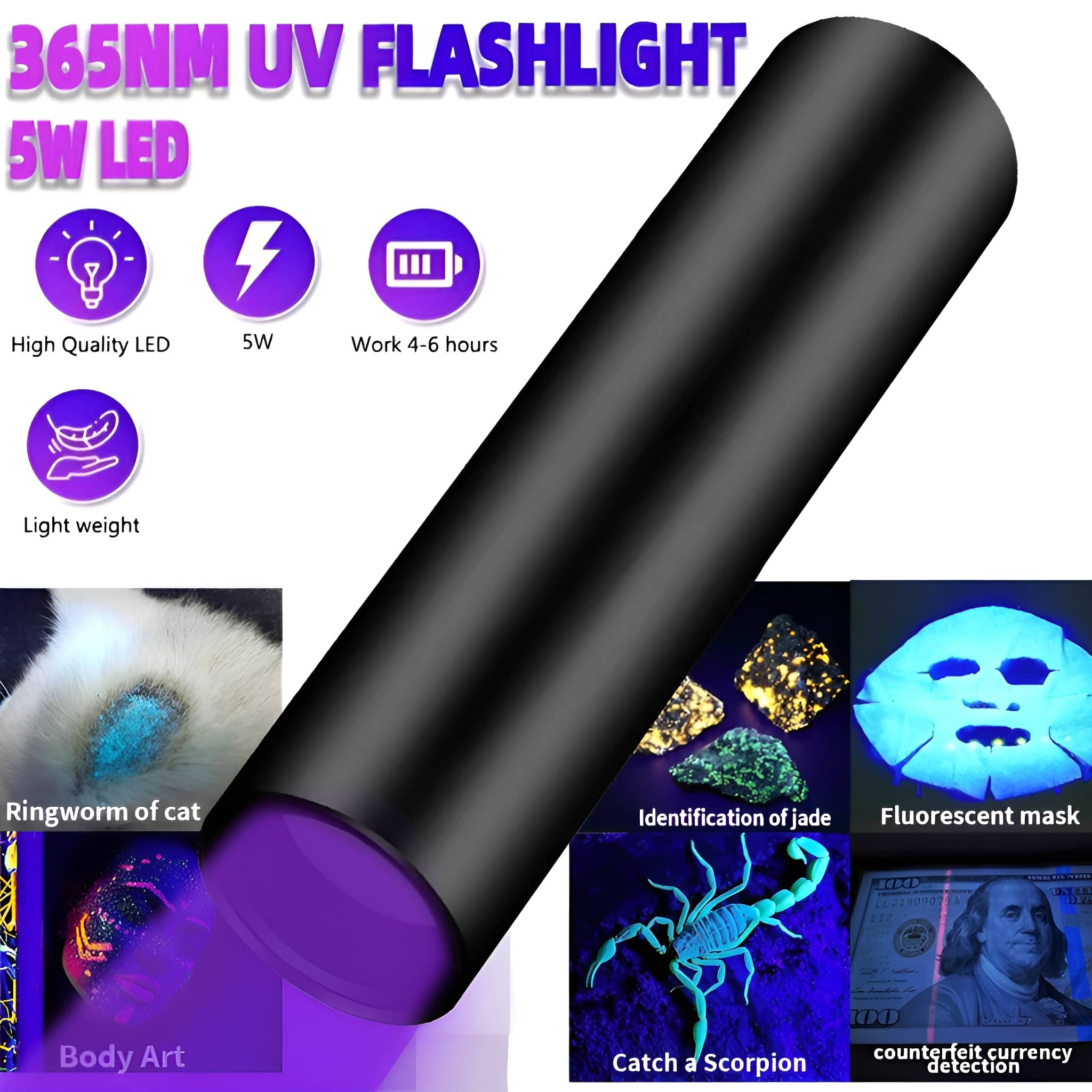 365NM UV-Taschenlampe mit schwarzem Gehäuse. Zeigt das Licht, das auf verschiedene Objekte für verschiedene Zwecke angewendet wird.