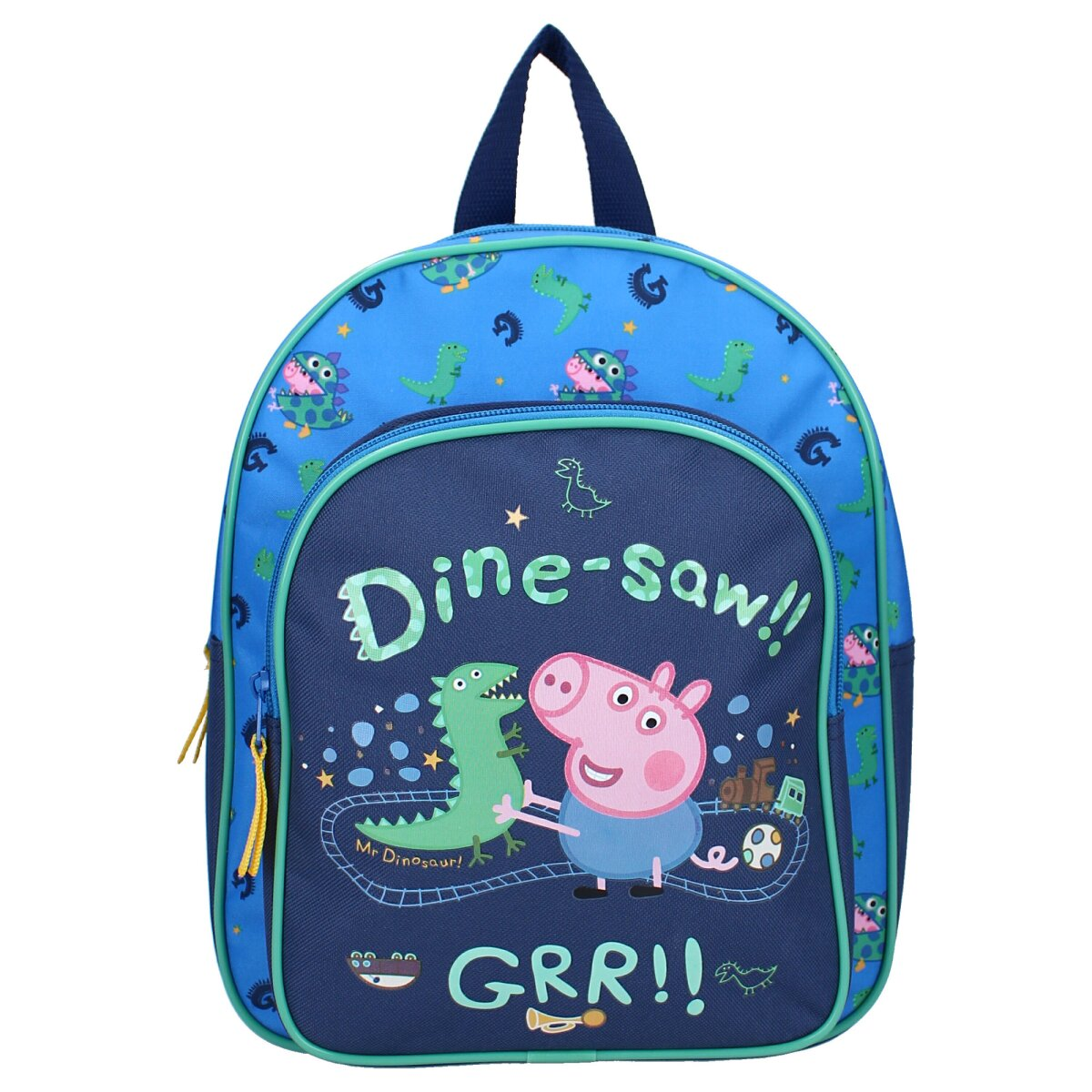 Blauer Rucksack mit Peppa Wutz und Dinosaurier-Illustration. Mit blauem Griff und gelben Reißverschlüssen.