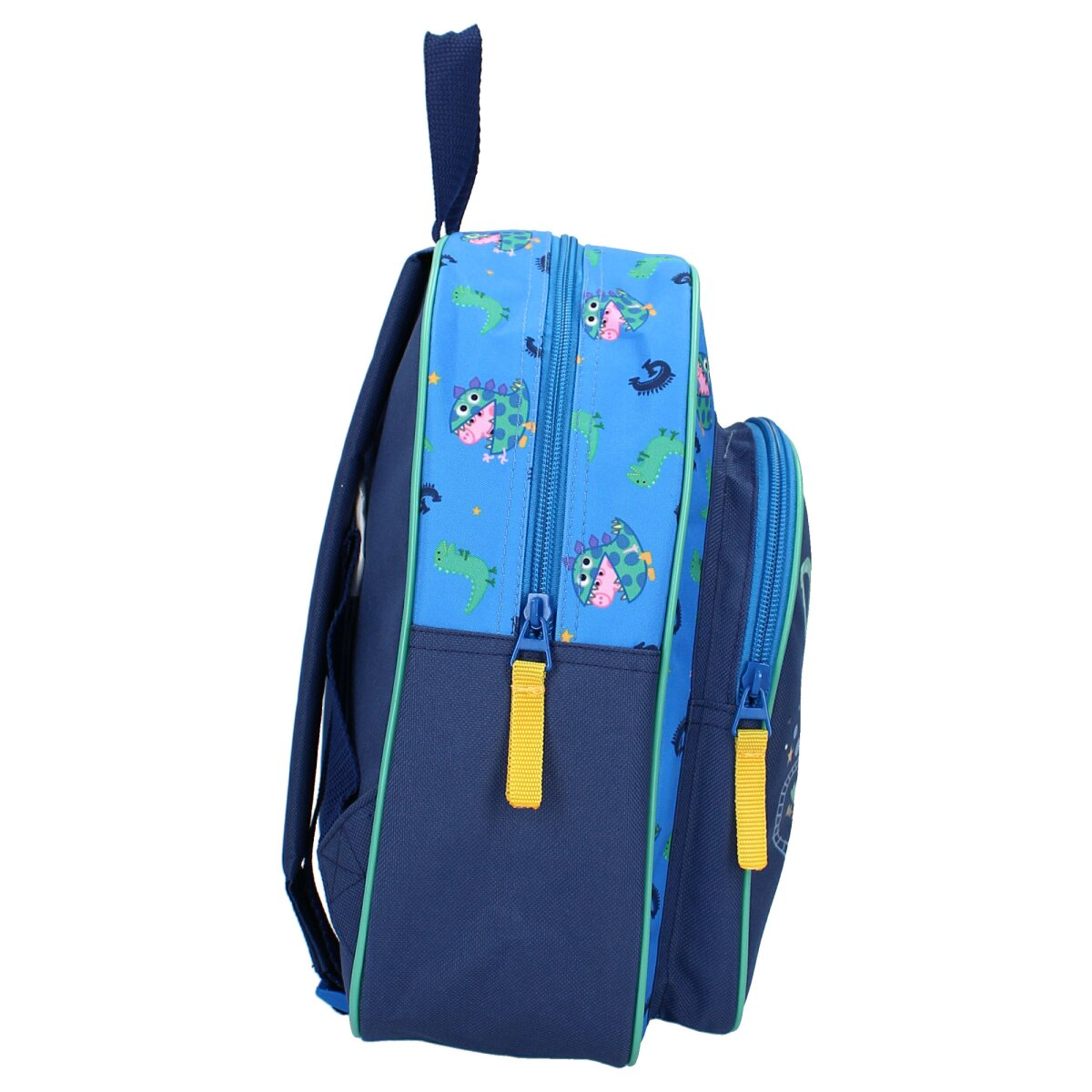 Blauer Rucksack mit Peppa Pig und Dinosaurier-Illustration. Seitenansicht mit Reißverschluss und Griff.