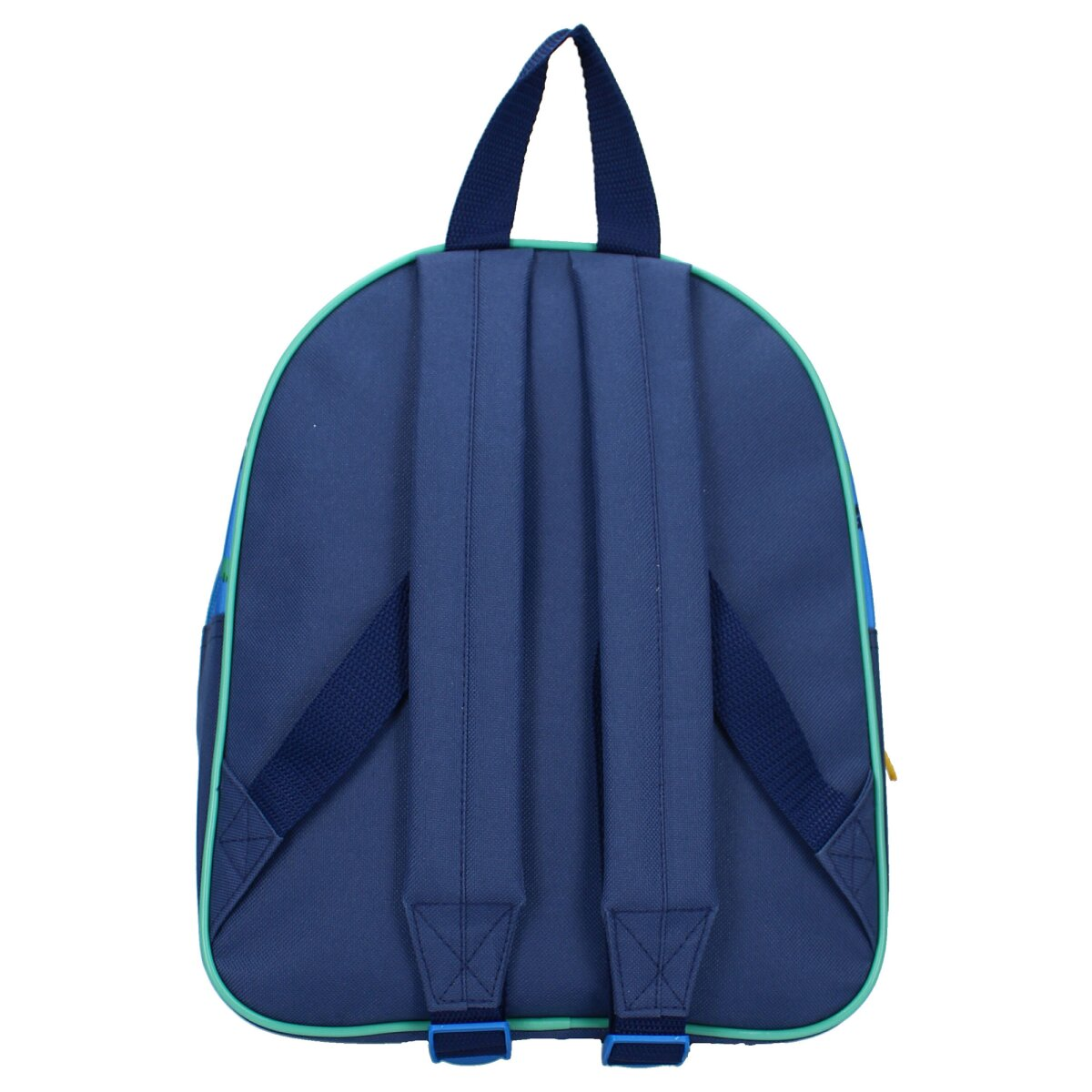 Rückansicht eines blauen Rucksacks. Dunkelblau, mit blauen Trägern, grüner Einfassung und gelben Akzenten.
