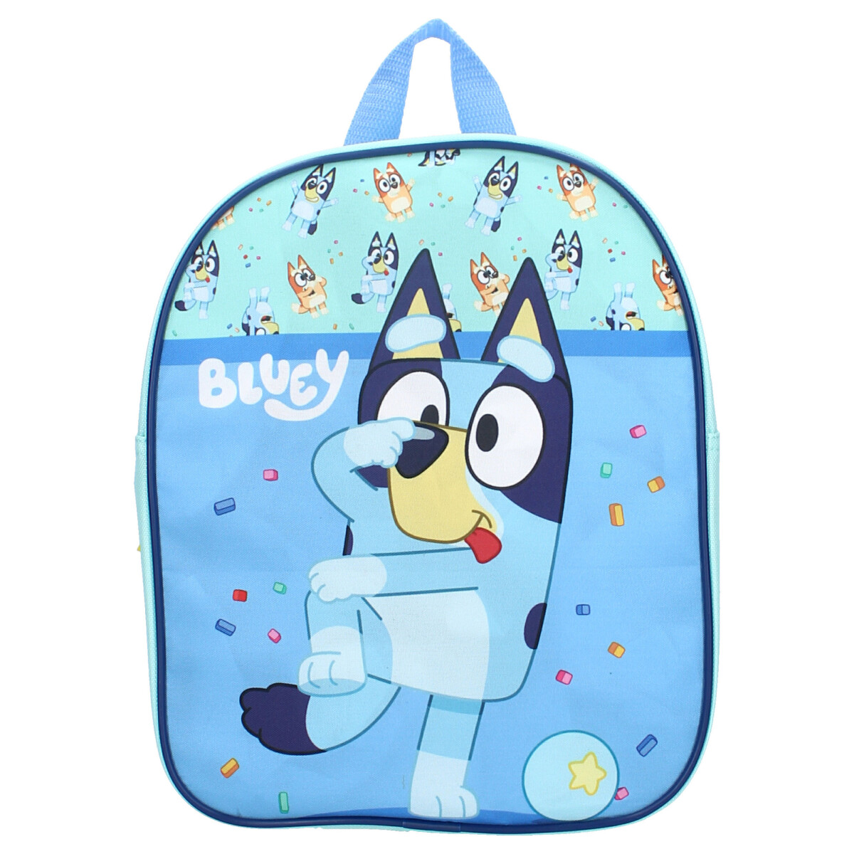 Bluey Rucksack. Bluey-Figur mit Ball auf der Vorderseite. Blaues, grünes und gelbes Farbschema.