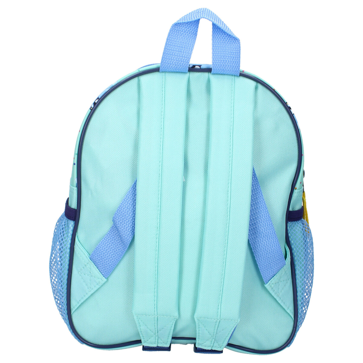 Rückansicht eines hellblauen Rucksacks mit blauen Trägern und einer Netztasche.