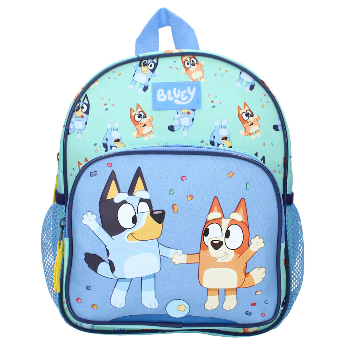 Bluey Rucksack. Bluey und Bingo Charaktere auf der Vorderseite. Blaues und grünes Farbschema.