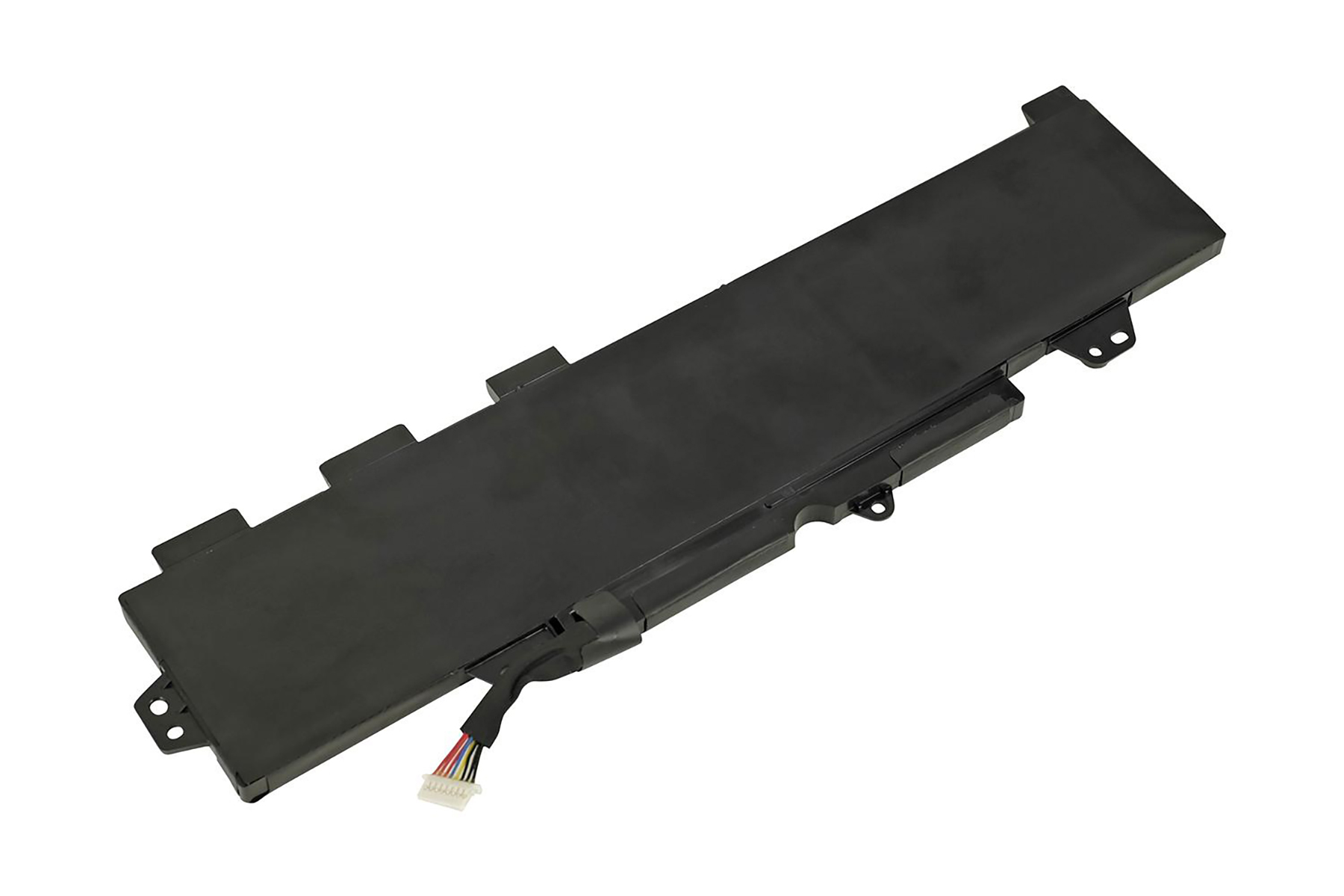 Ein schwarzer Laptop-Akku mit Anschlusskabel.