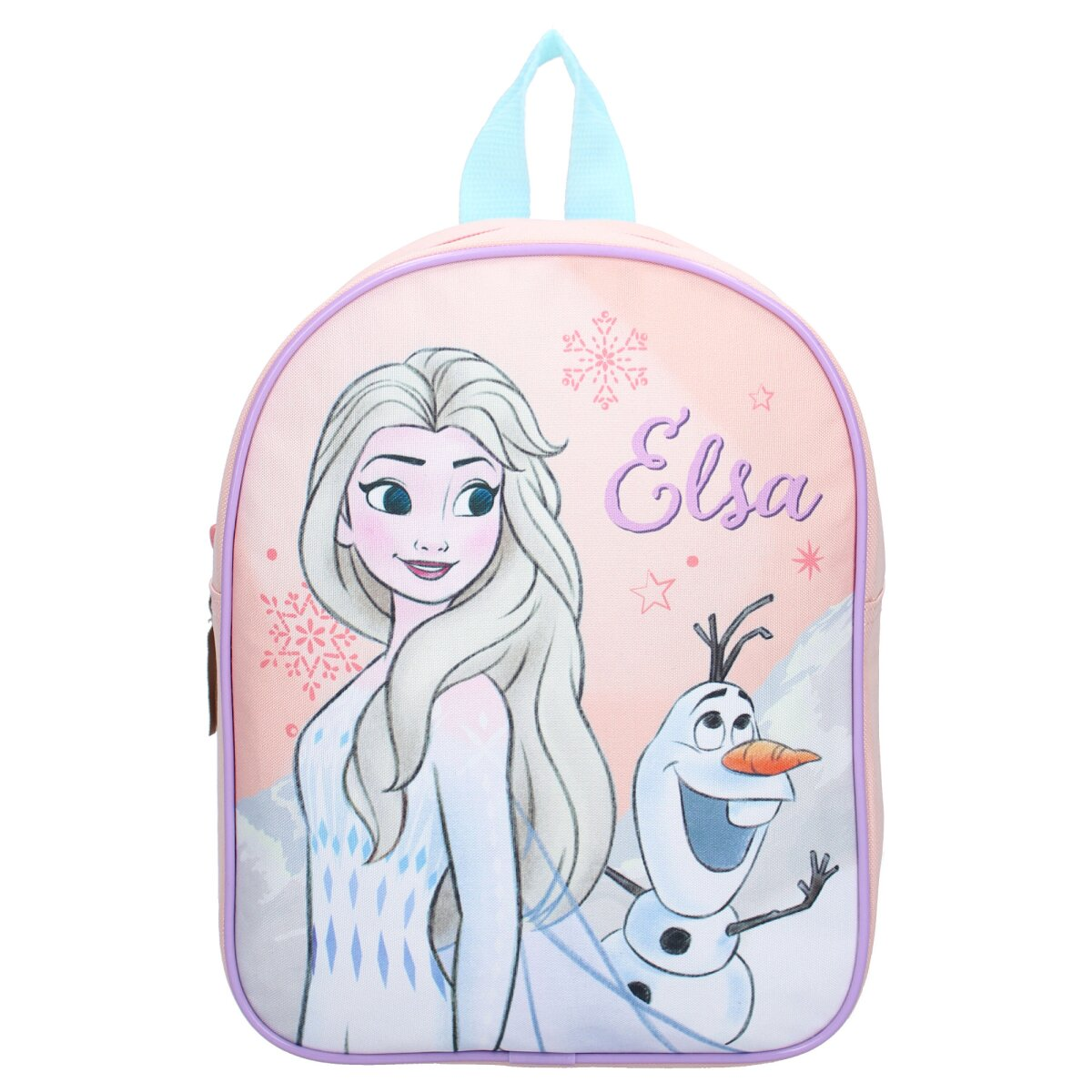 Elsa und Olaf Rucksack auf rosa Hintergrund, mit Schneeflocken und Sternen.