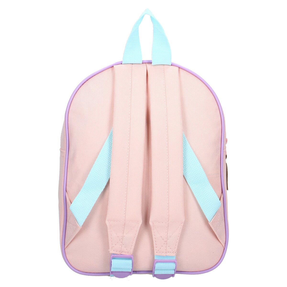 Rosa Rucksack. Rückansicht, blaue Träger. Lila Besatz, blauer Griff. Reißverschluss und Seitentasche.