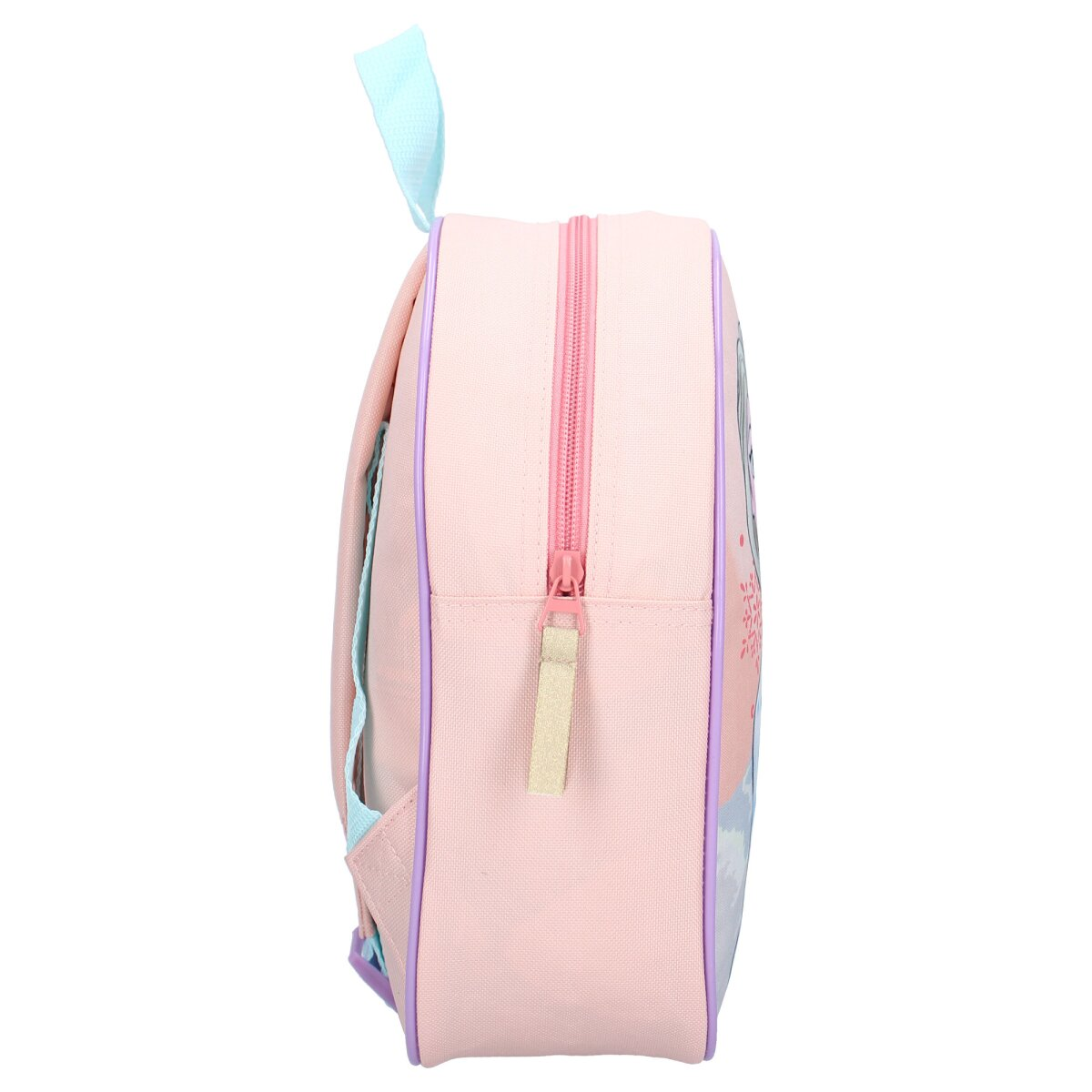 Rosa Rucksack Seitenansicht. Reißverschluss, lila Besatz, blauer Griff und Seitentasche.