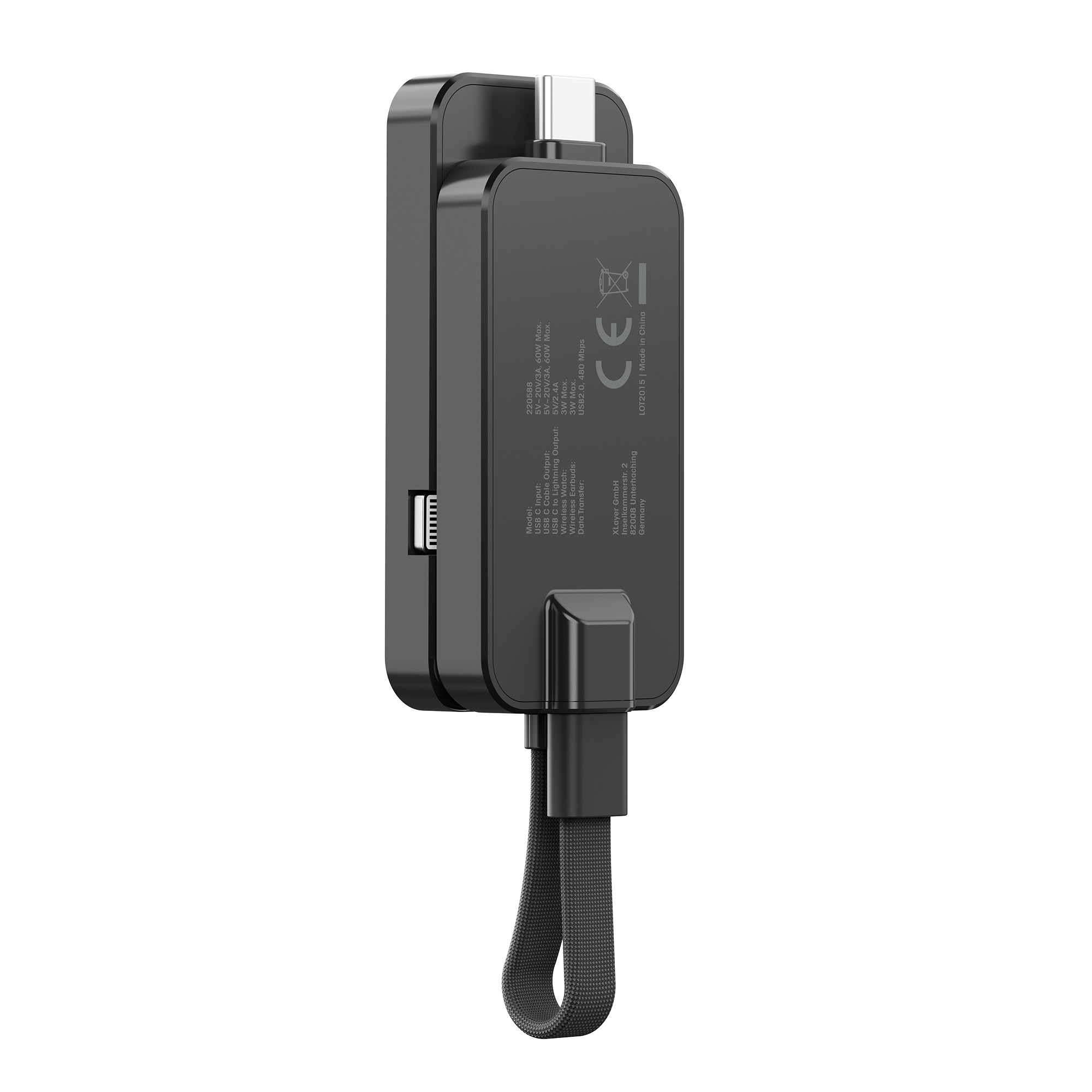 Ein schwarzes tragbares Ladegerät mit einem USB-C-Anschluss. Der Hintergrund ist weiß.