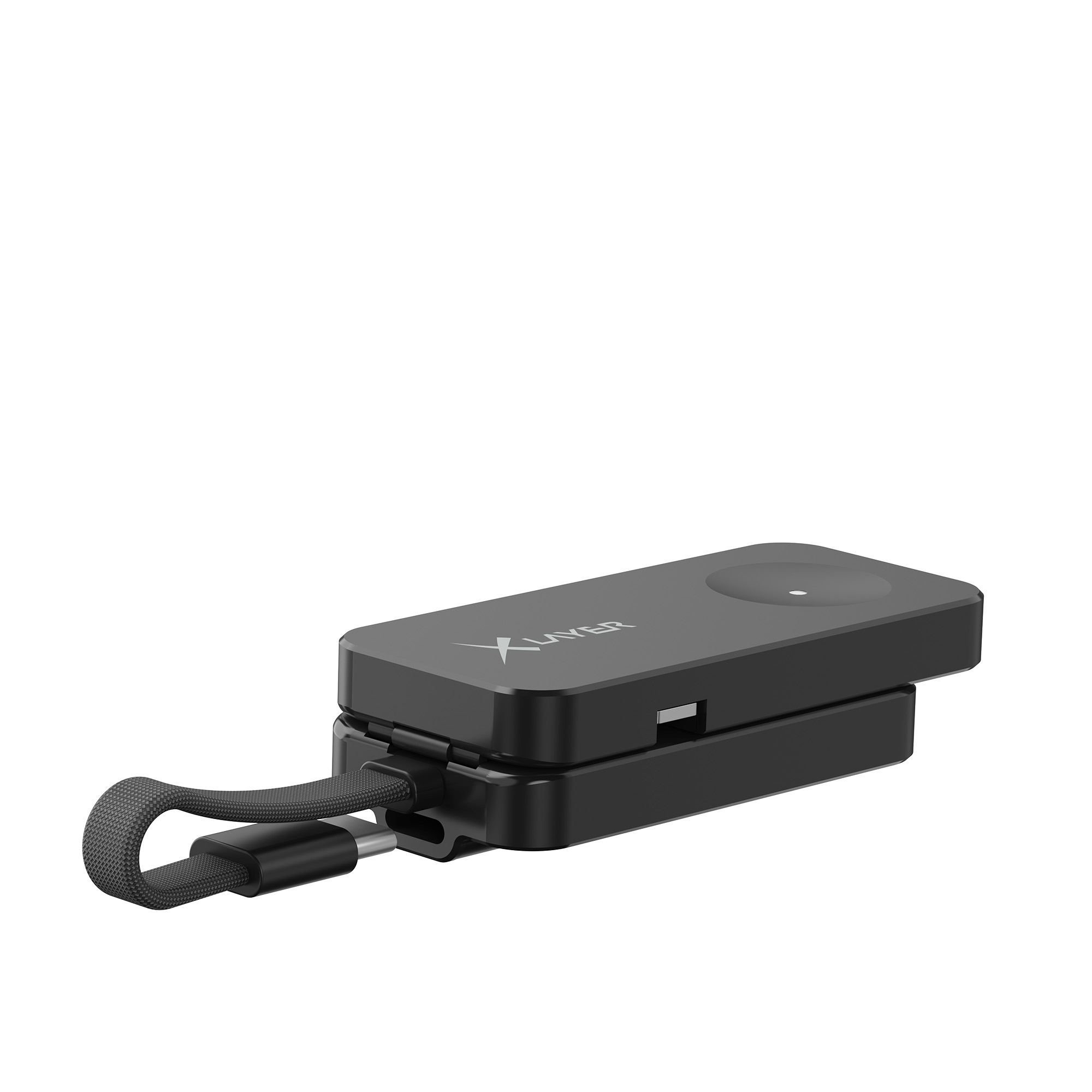 Schwarze Powerbank mit kurzem Kabel und Schlaufe für einen Riemen.