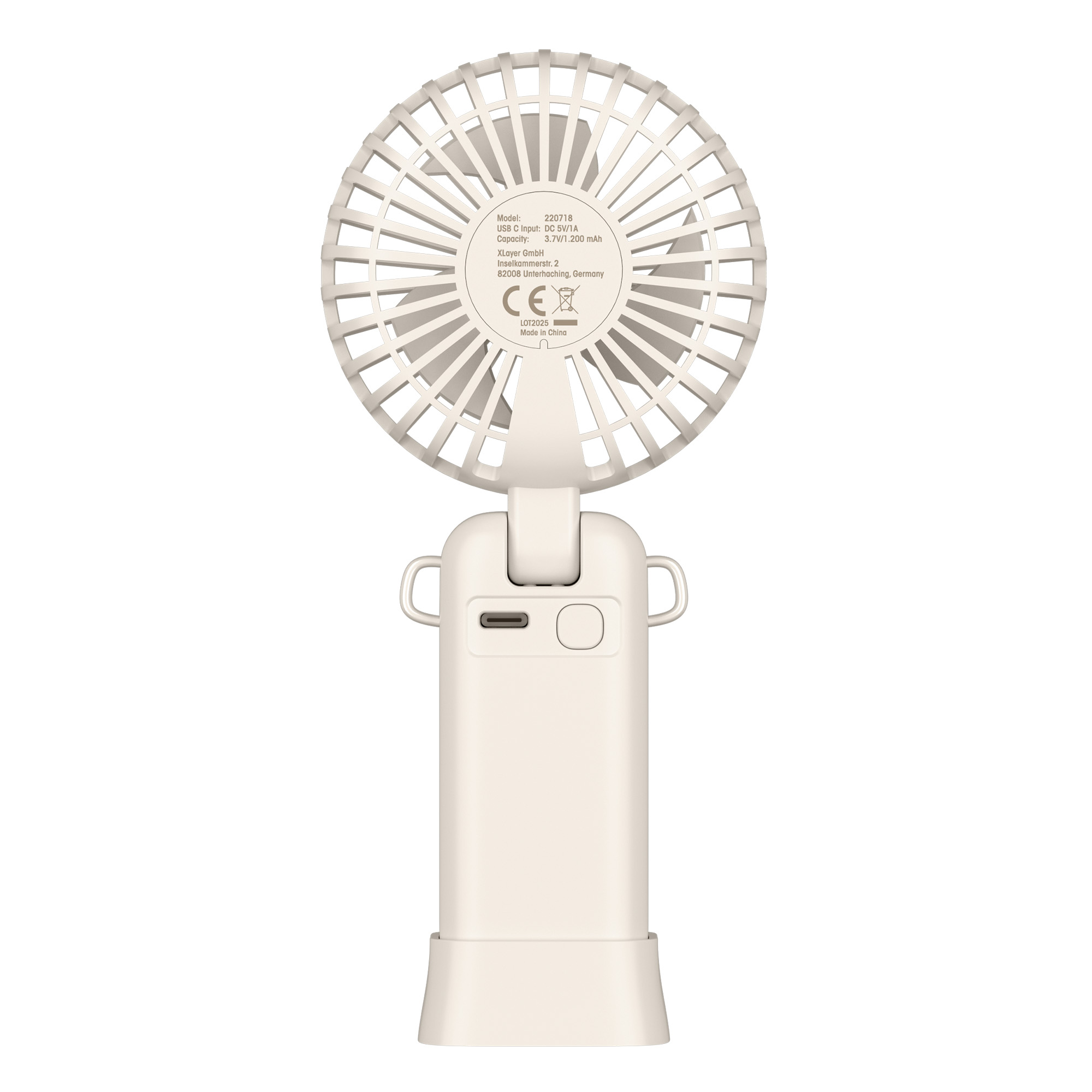 Tragbarer weißer Ventilator mit Griff und Knöpfen, Produktdetails sichtbar.
