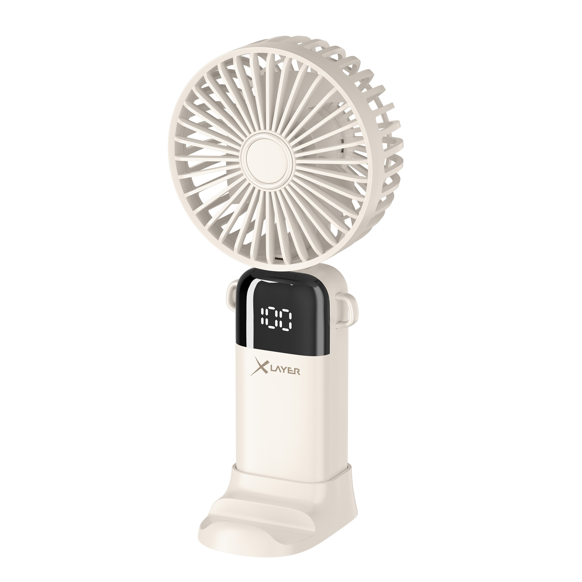 Weißer tragbarer Ventilator mit schwarzem Digitaldisplay, das 100 anzeigt. Weiße Basis. X LAYER ist sichtbar.