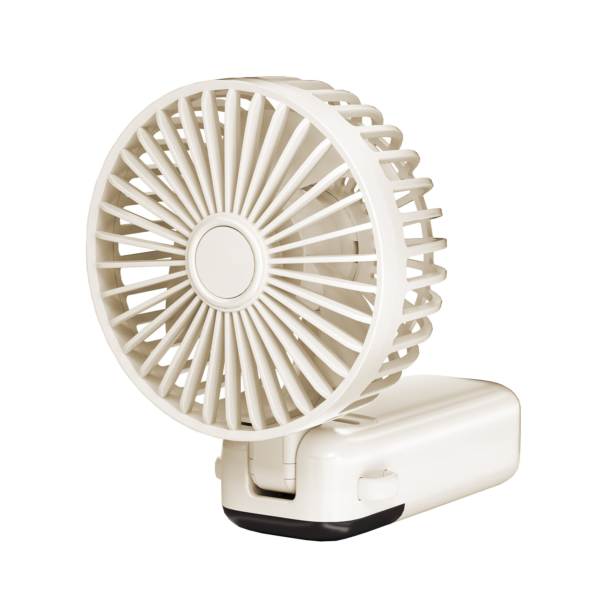 Weißer tragbarer Ventilator mit runden Lüfterblättern. Der Ventilator ist abgewinkelt und hat einen weißen Sockel.