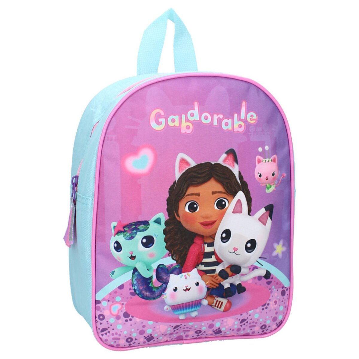Rosa Gabby's Dollhouse Rucksack mit Figuren und blauem Griff.