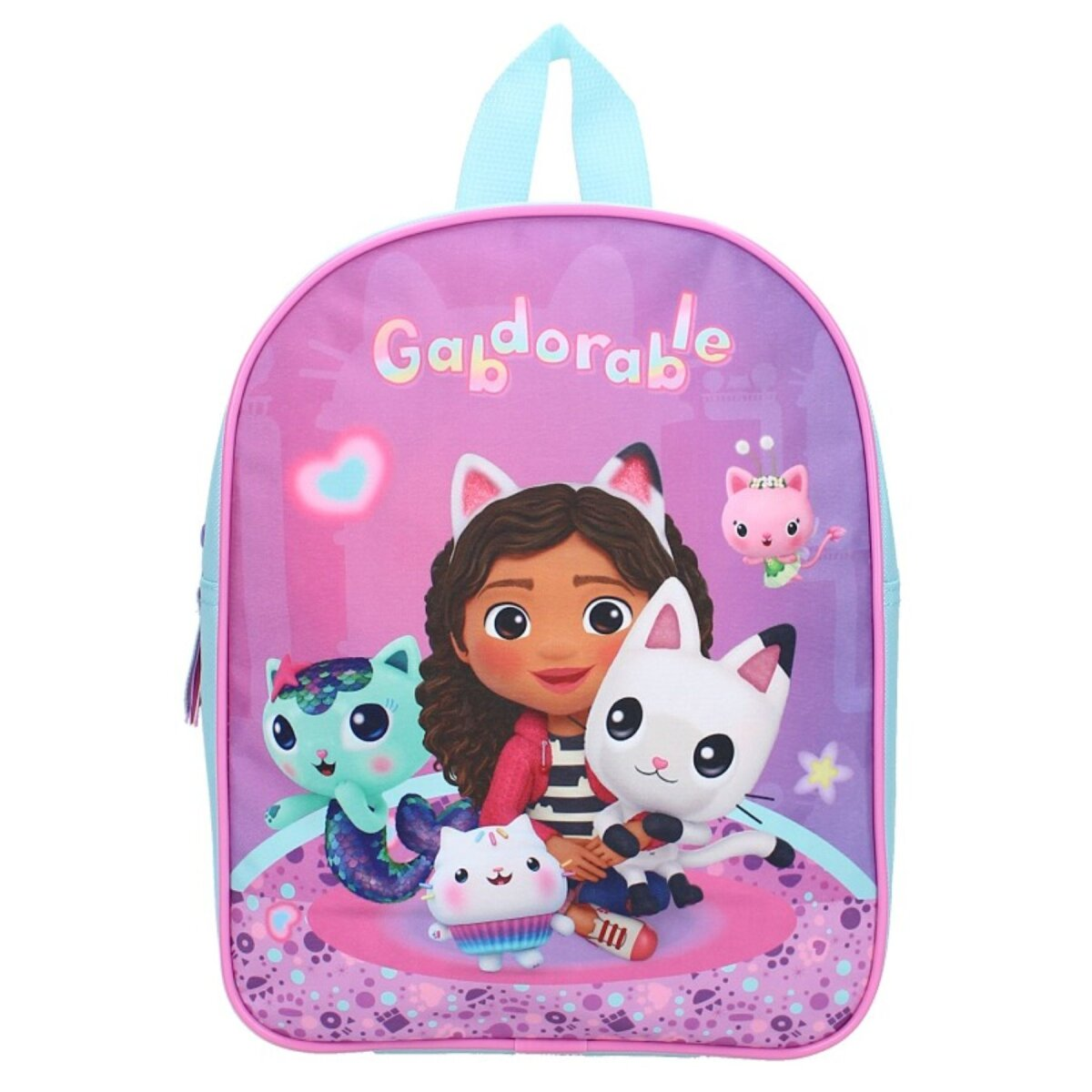 Lila Rucksack mit Gabby und ihren Katzenfreunden. Der Rucksack hat einen hellblauen Rand.
