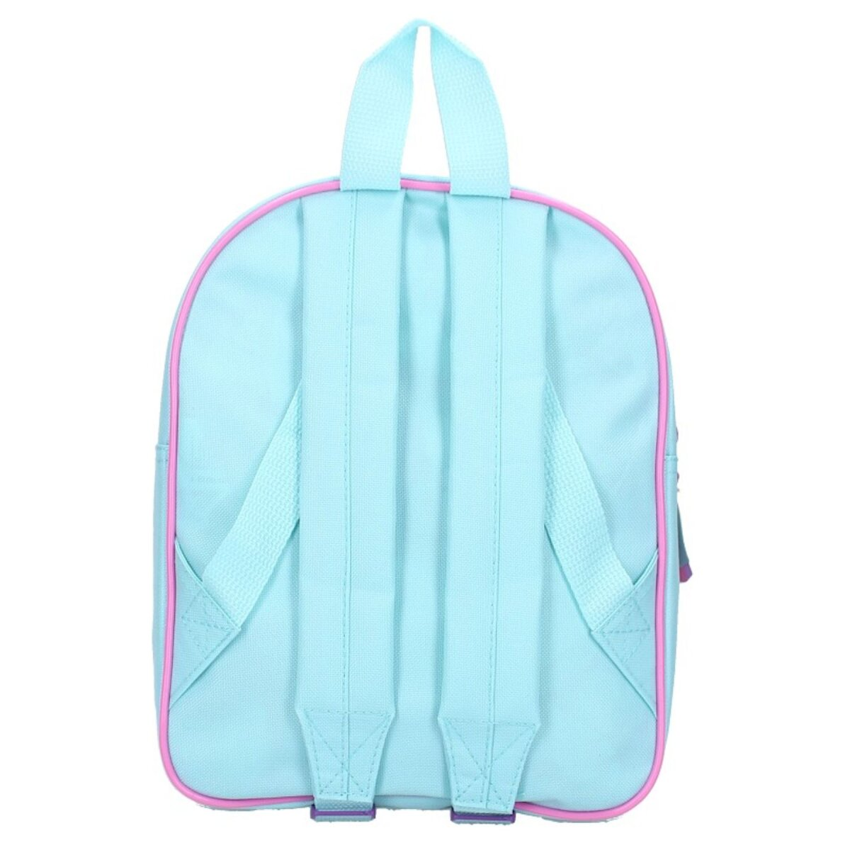 Hellblauer Rucksack mit pinkfarbenem Besatz. Die Rückseite der Tasche wird gezeigt.
