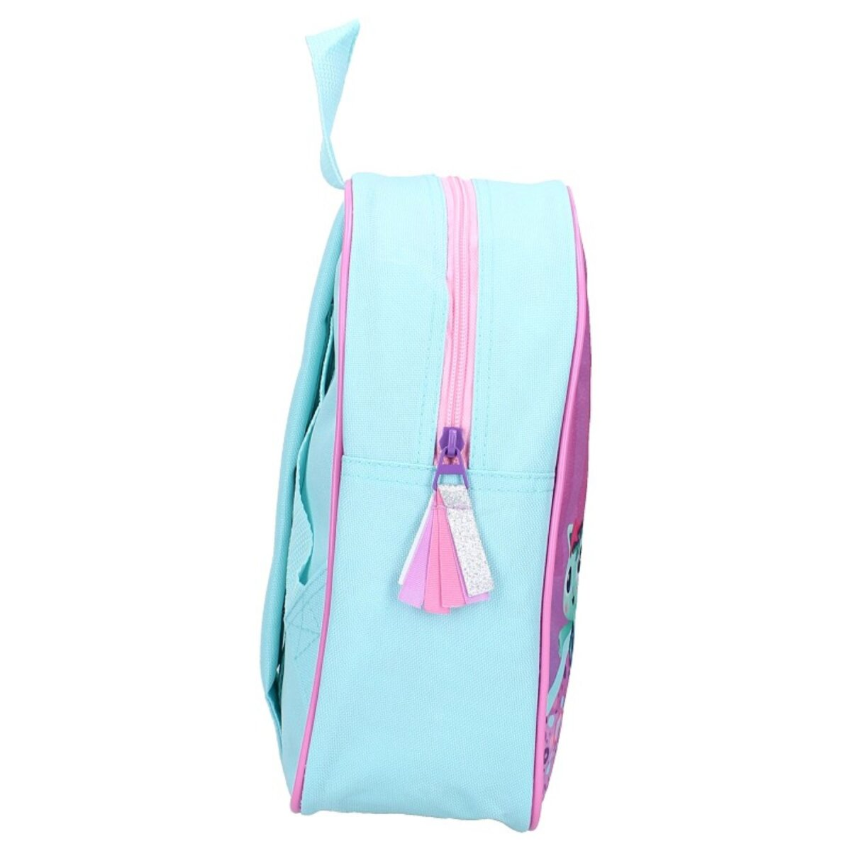 Seitenansicht eines Rucksacks, hellblau mit pinkfarbenem Reißverschluss und Rand.