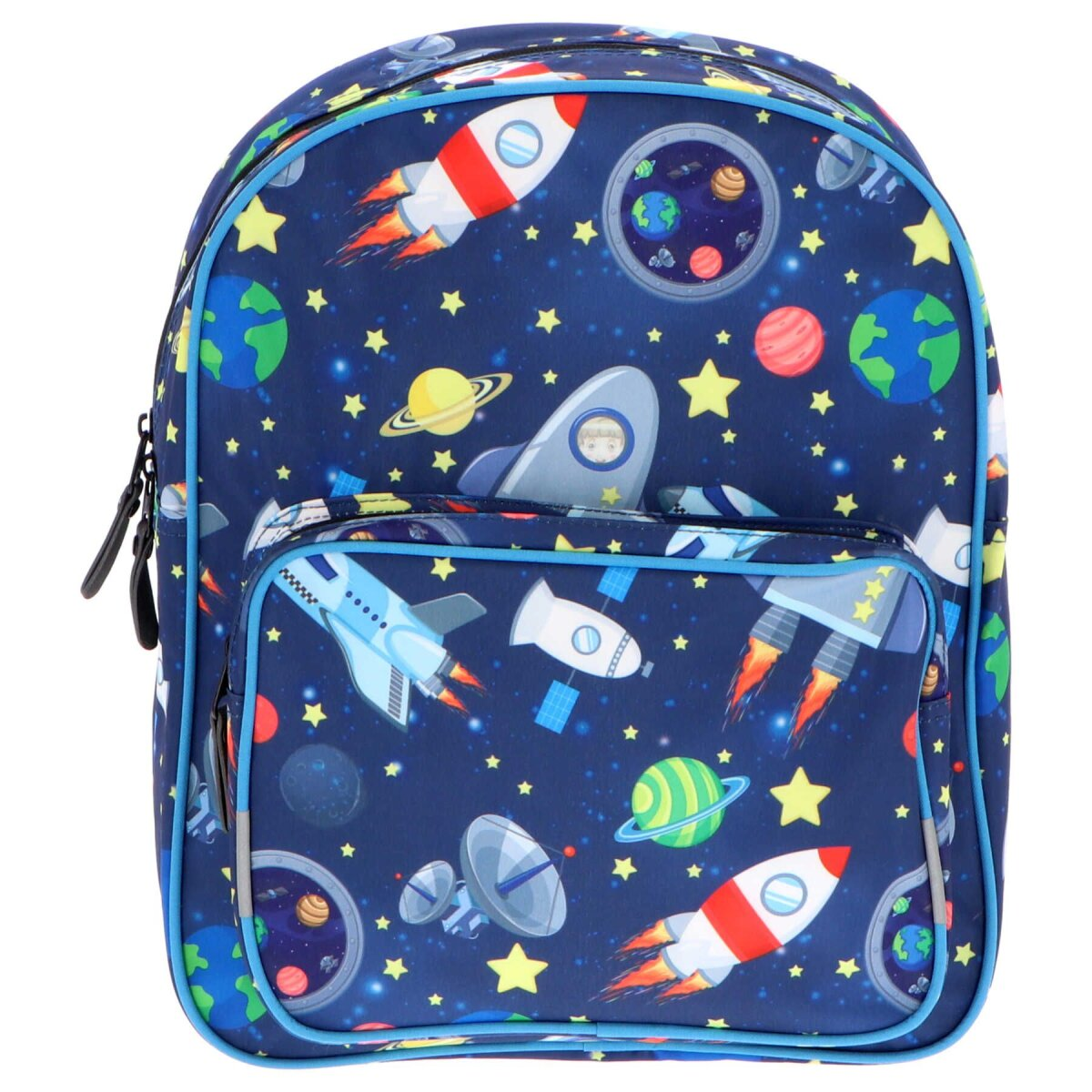 Ein blauer Rucksack mit Weltraum-Motiv. Raketen, Planeten und Sterne sind auf dem Rucksack.