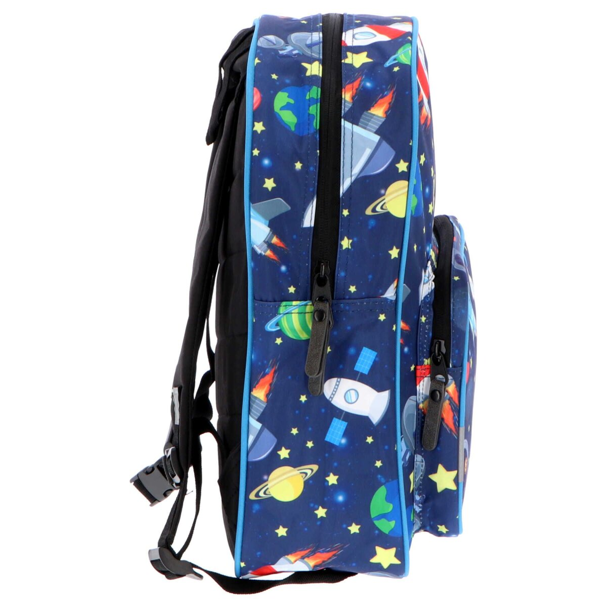 Seitenansicht eines blauen Rucksacks mit Weltraum-Motiv. Reißverschlüsse, Raketen, Planeten und Sterne sind sichtbar.