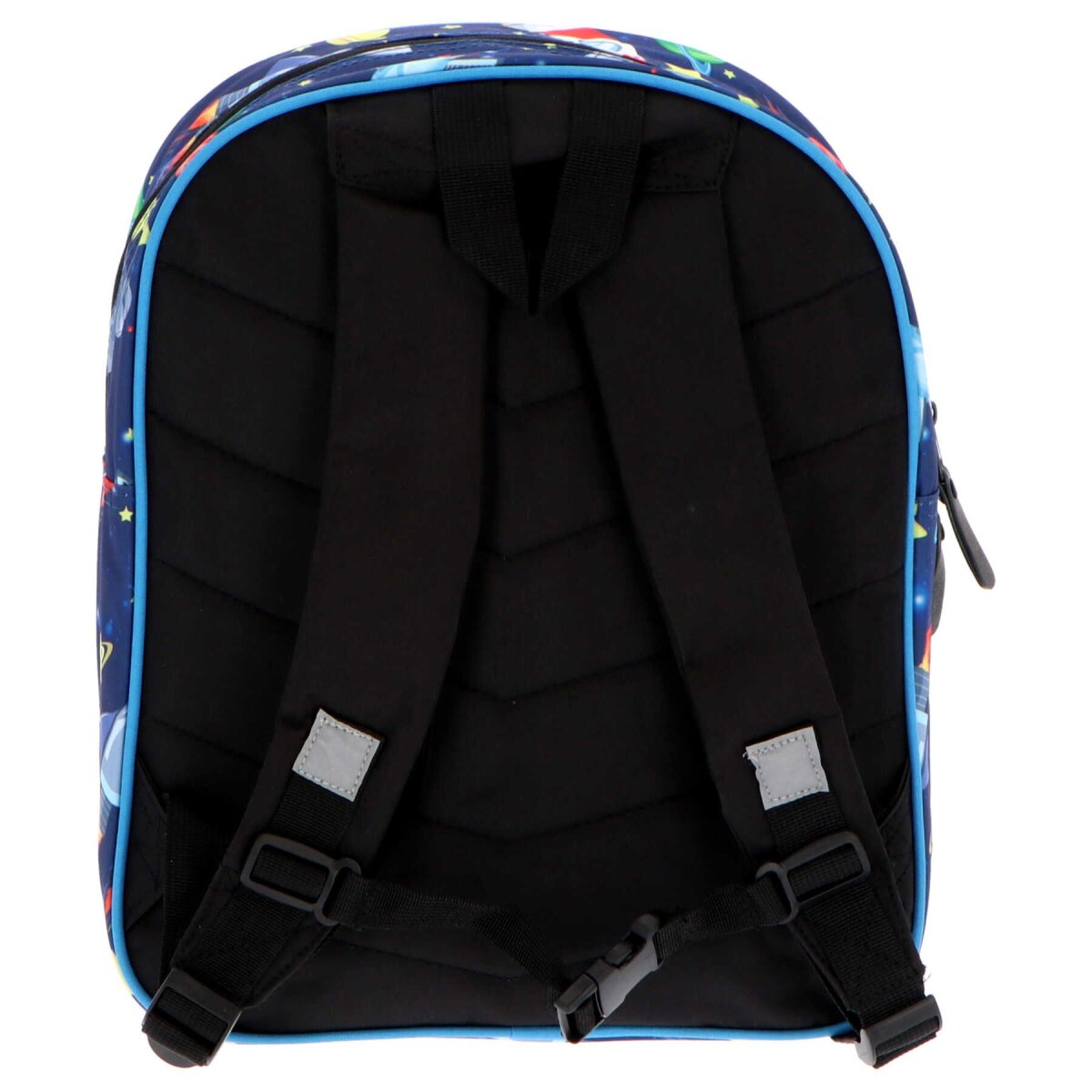 Rucksack mit schwarzen Trägern und blauem Rand, mit Weltraum-Design.