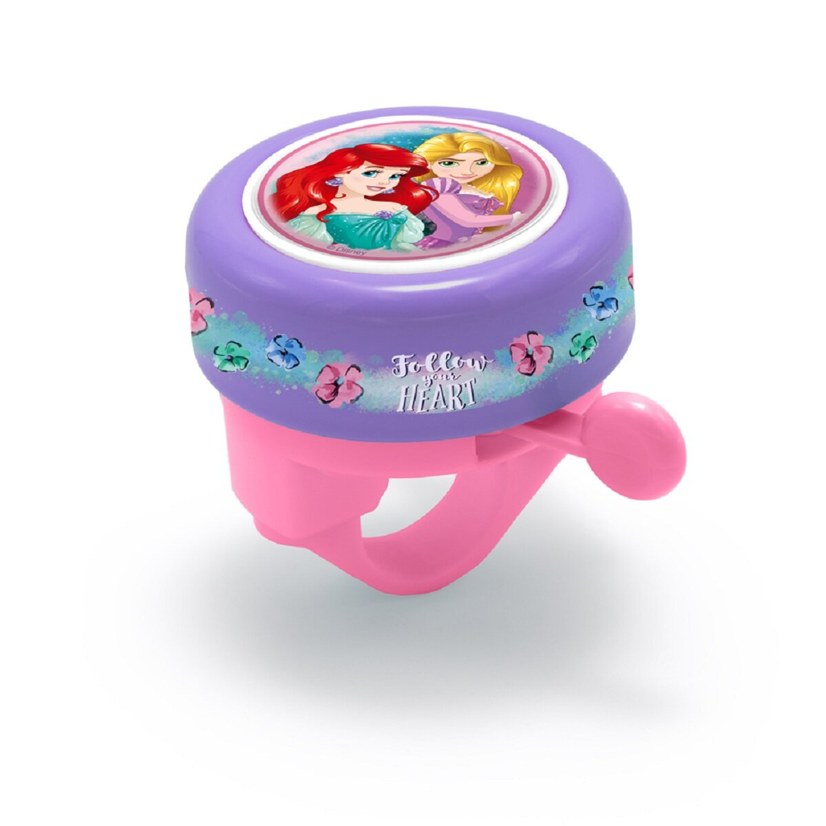 Rosa und lila Fahrradklingel mit Disney-Prinzessinnen Ariel und Rapunzel oben. Hat Text "Follow Your Heart".