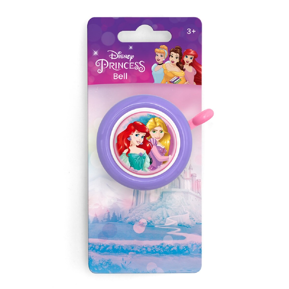 Eine Disney Princess Glocke verpackt. Mit Arielle, Belle und Rapunzel. Lila Glocke mit rosa Griff.